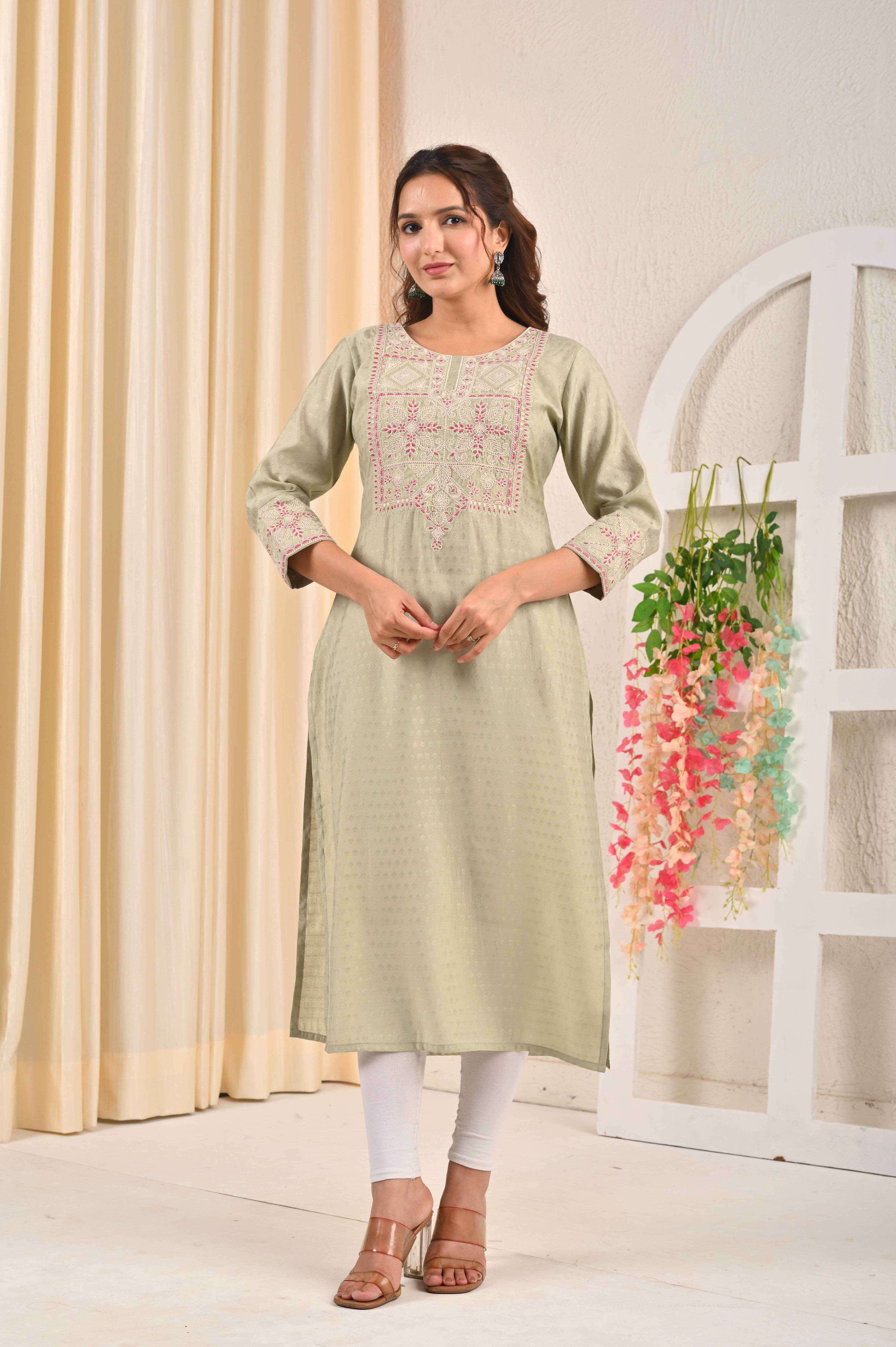 BELVEERA Sea Green Silk Women’s Pink Embroidery Kurta