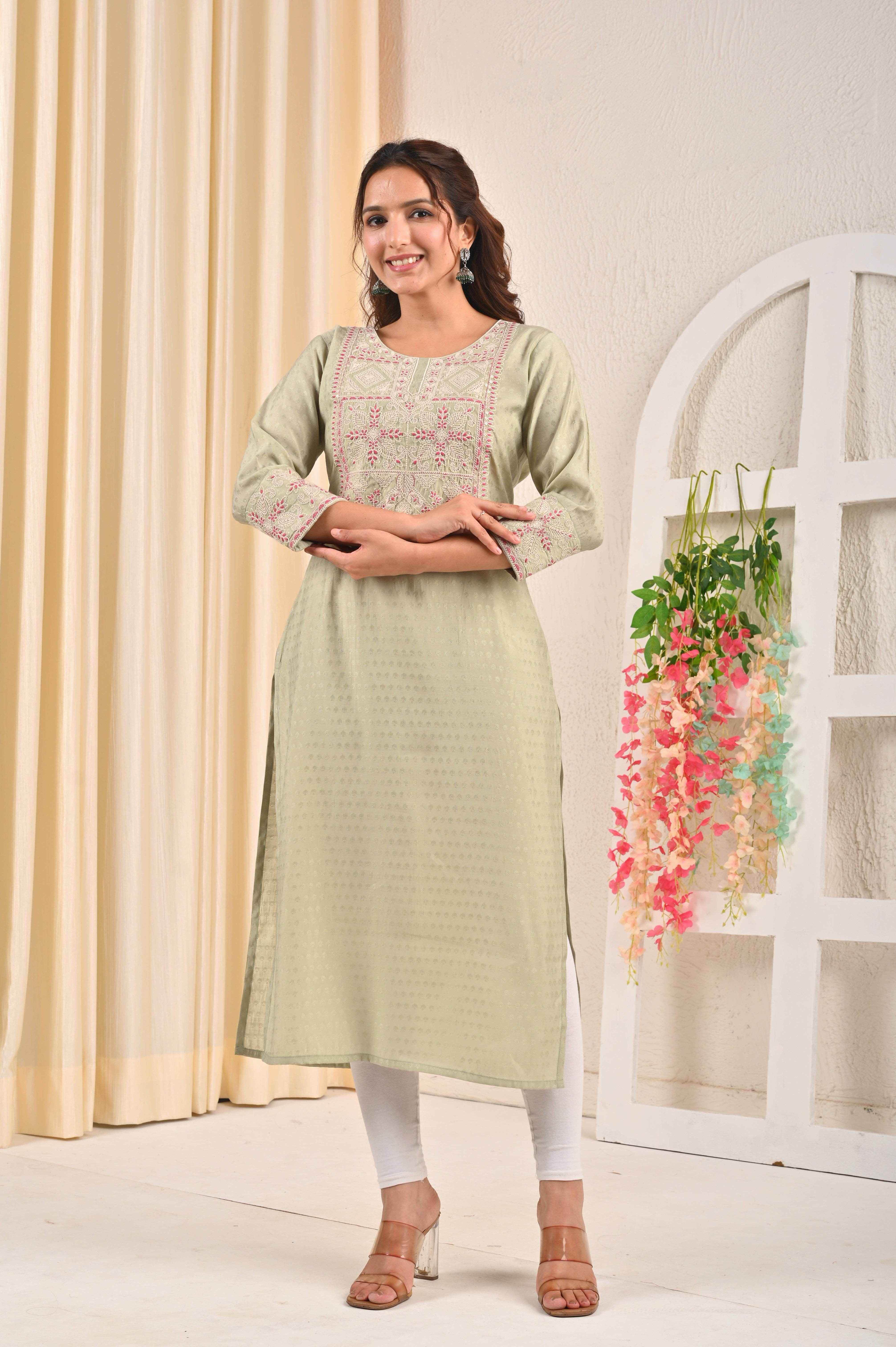 BELVEERA Sea Green Silk Women’s Pink Embroidery Kurta