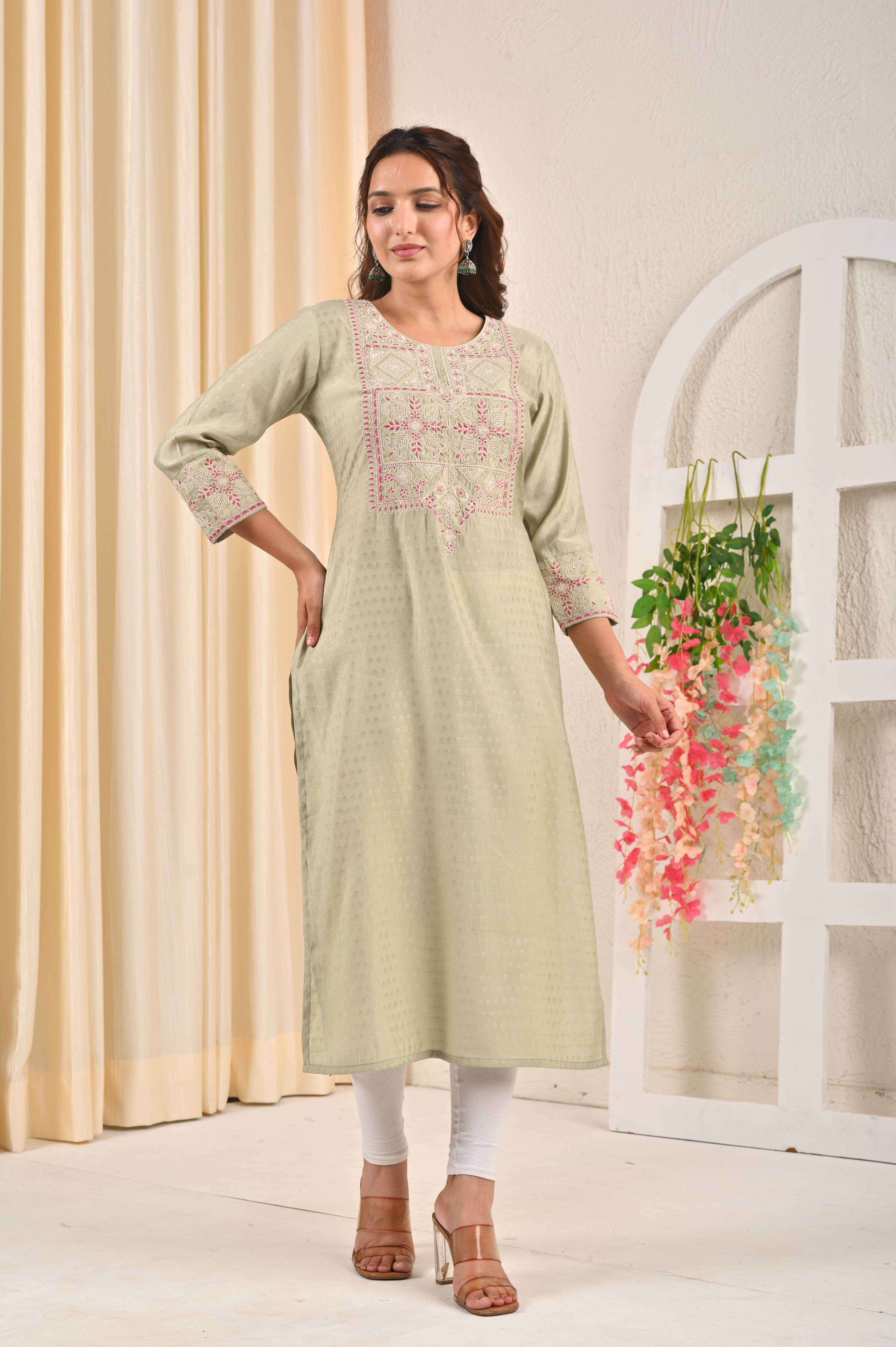 BELVEERA Sea Green Silk Women’s Pink Embroidery Kurta