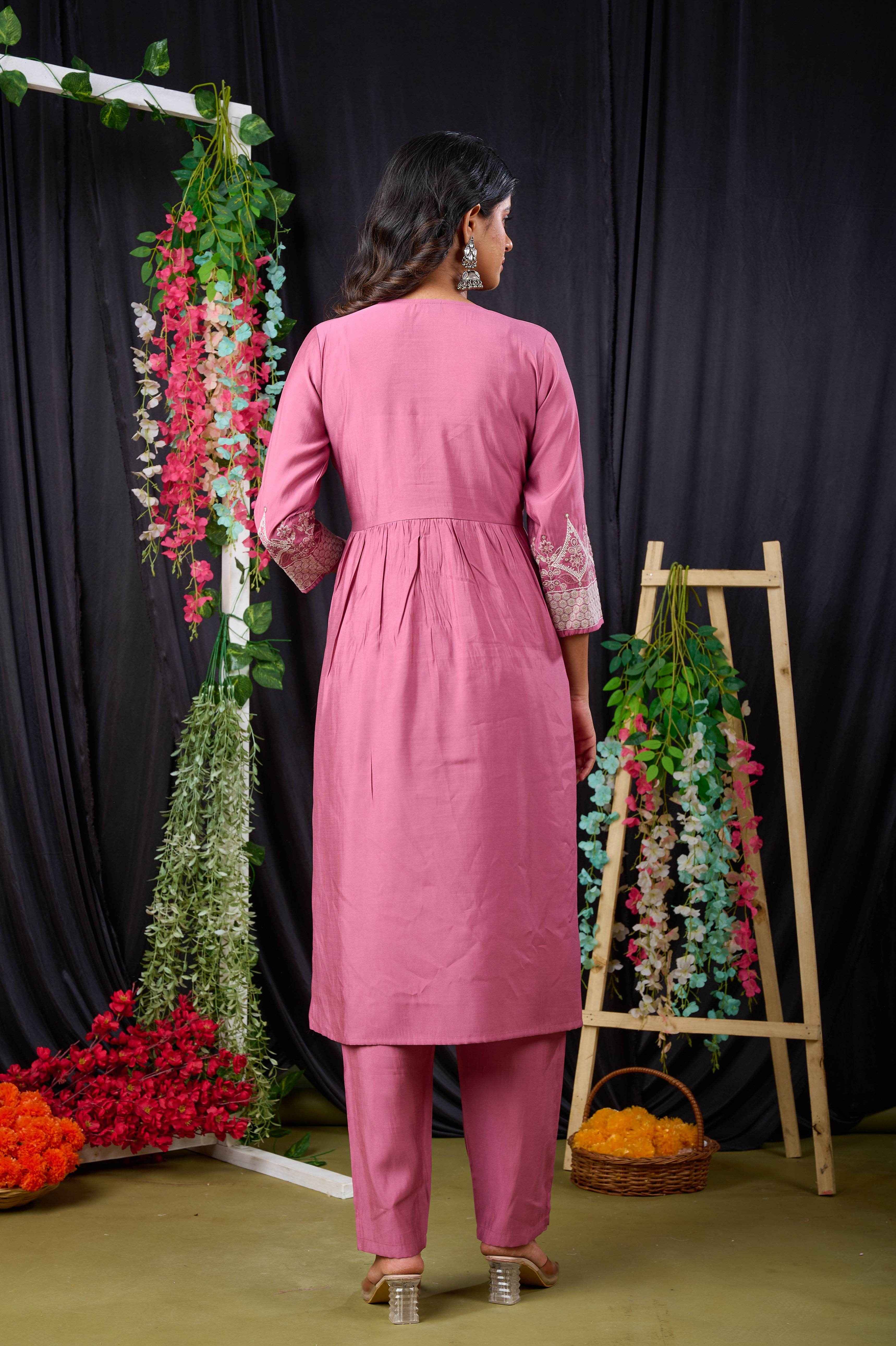 Belveera Mauve Pink Embroidered Kurta Set for Women