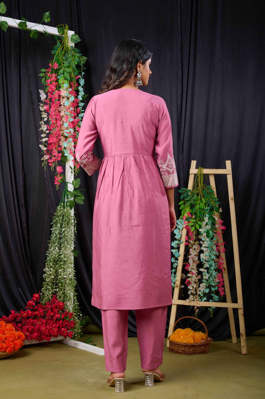 Belveera Mauve Pink Embroidered Kurta Set for Women