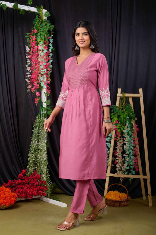 Belveera Mauve Pink Embroidered Kurta Set for Women