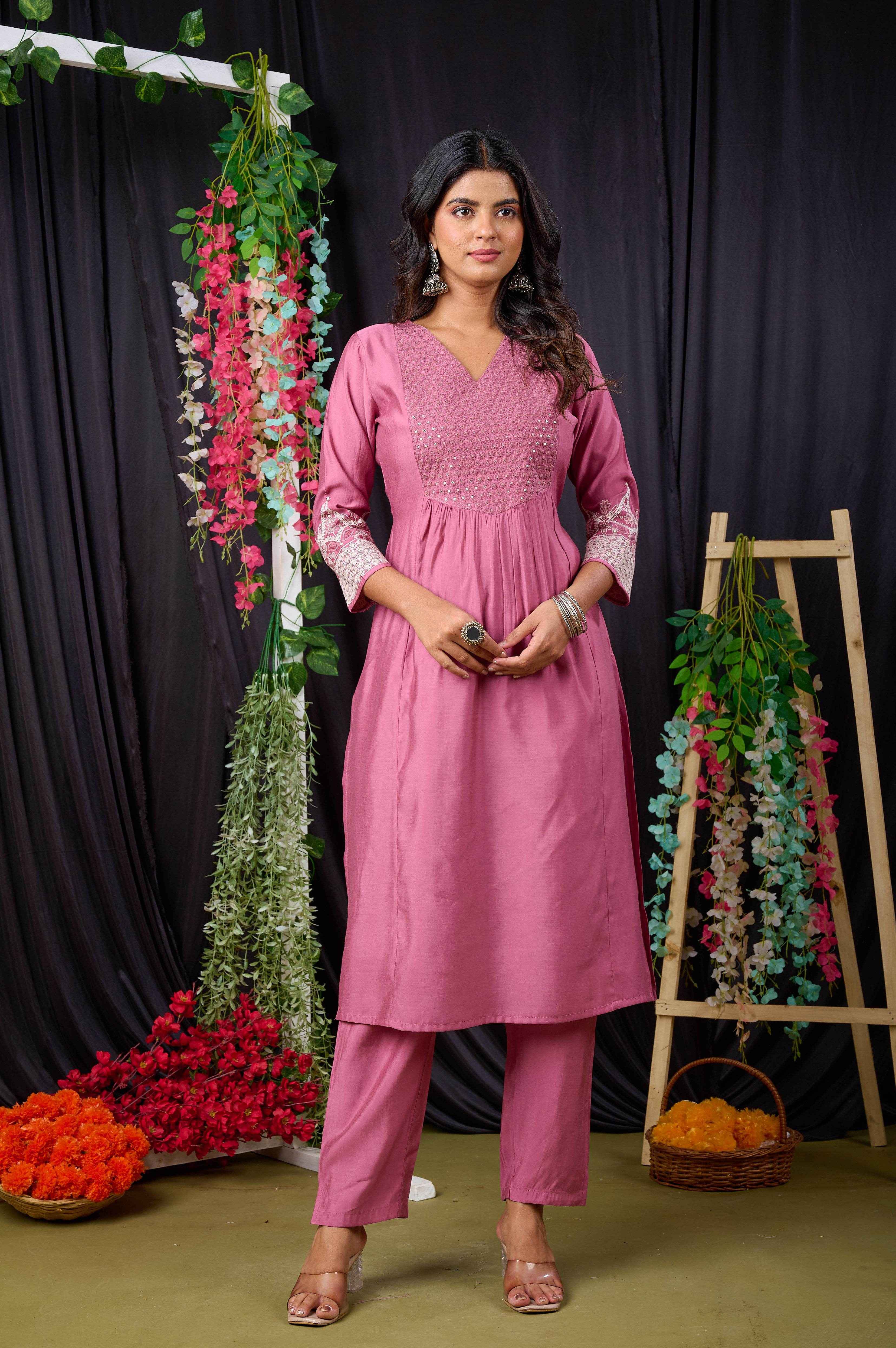 Belveera Mauve Pink Embroidered Kurta Set for Women