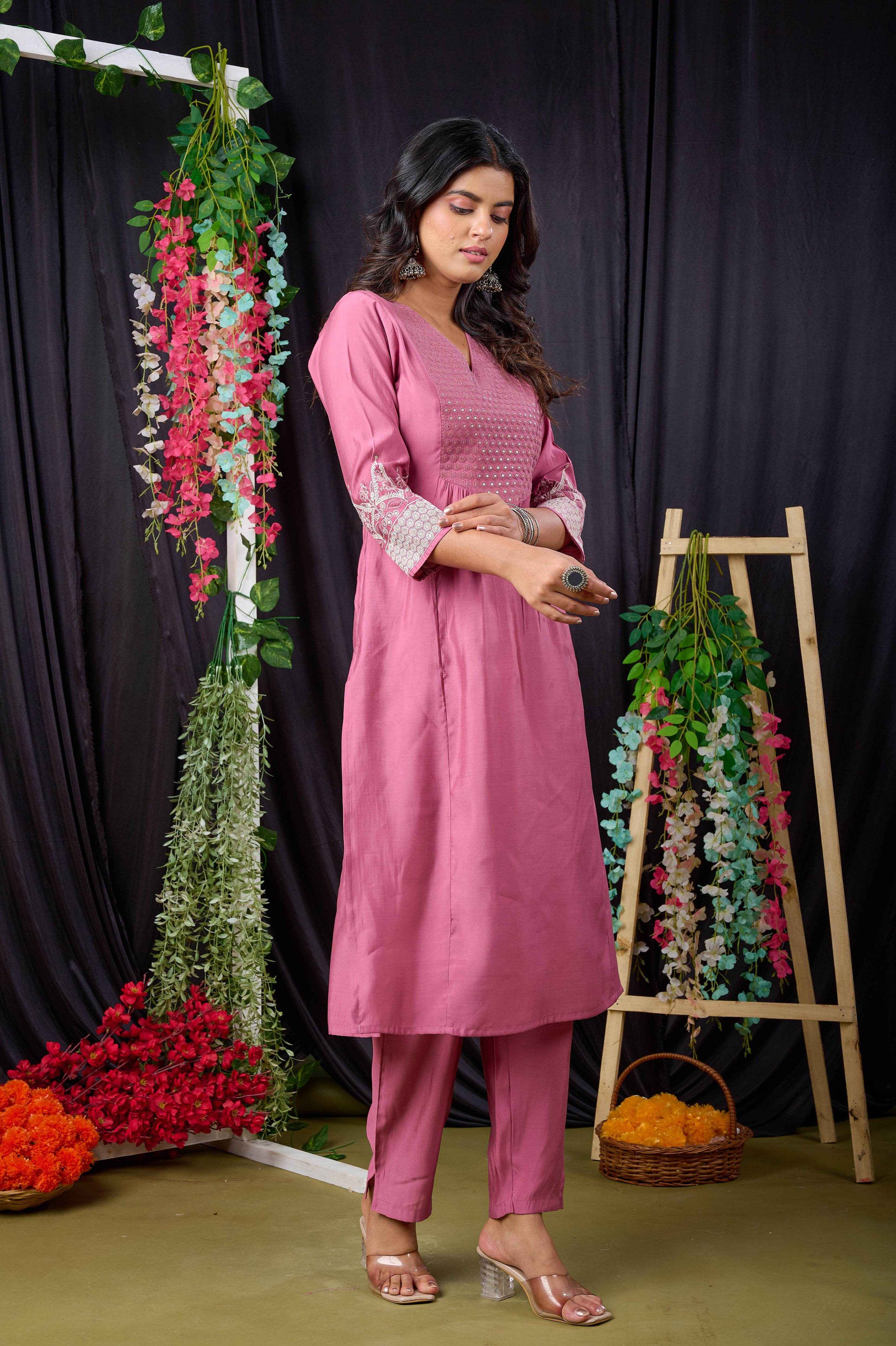 Belveera Mauve Pink Embroidered Kurta Set for Women