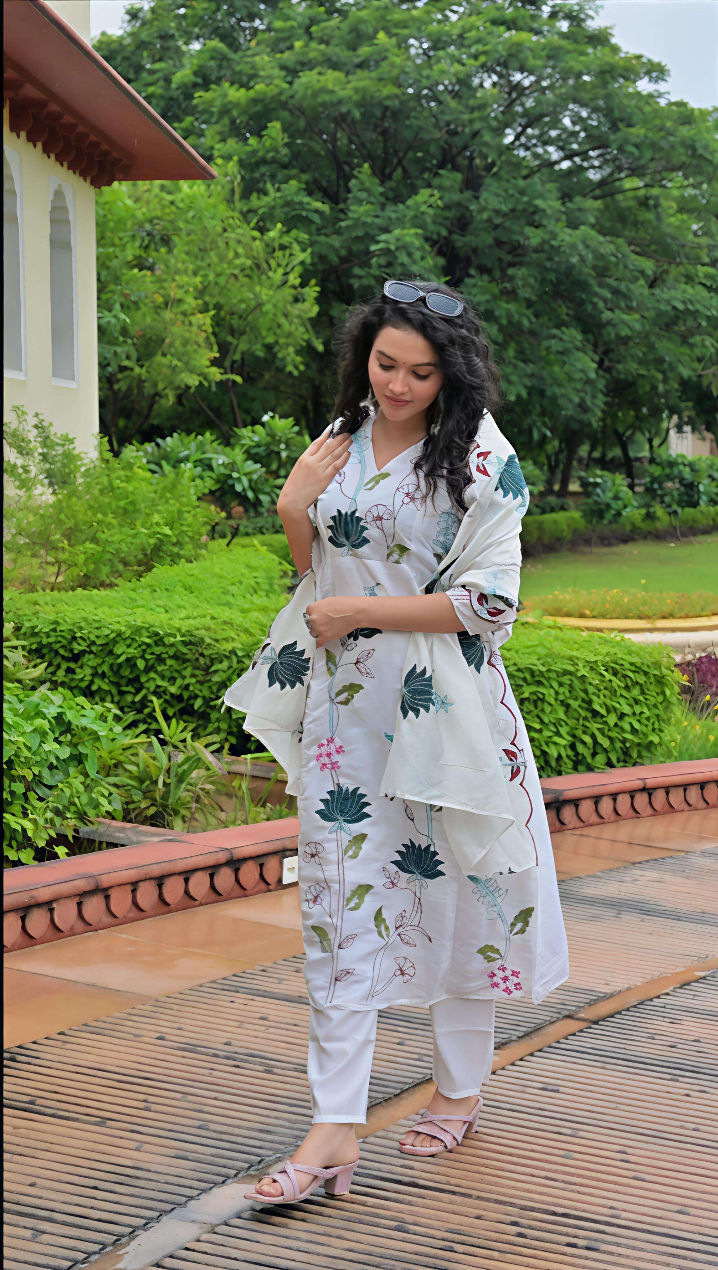 Belveera Mul Chanderi Kurta Pant Dupatta Set in White with Floral Embroidery for Elegant Summer Wear