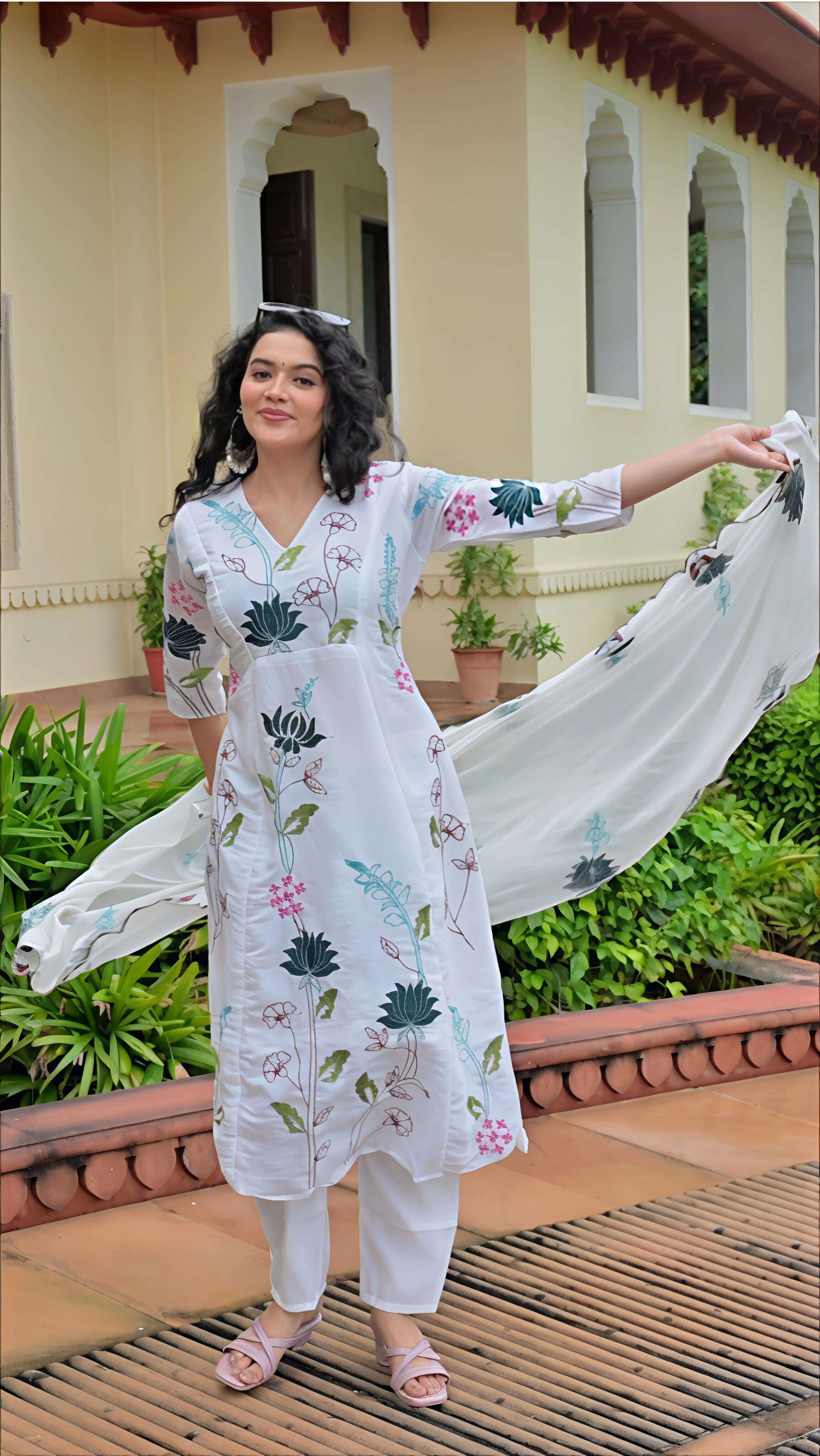 Elegant Belveera mul chanderi kurta pant dupatta set with floral embroidery for a stylish look