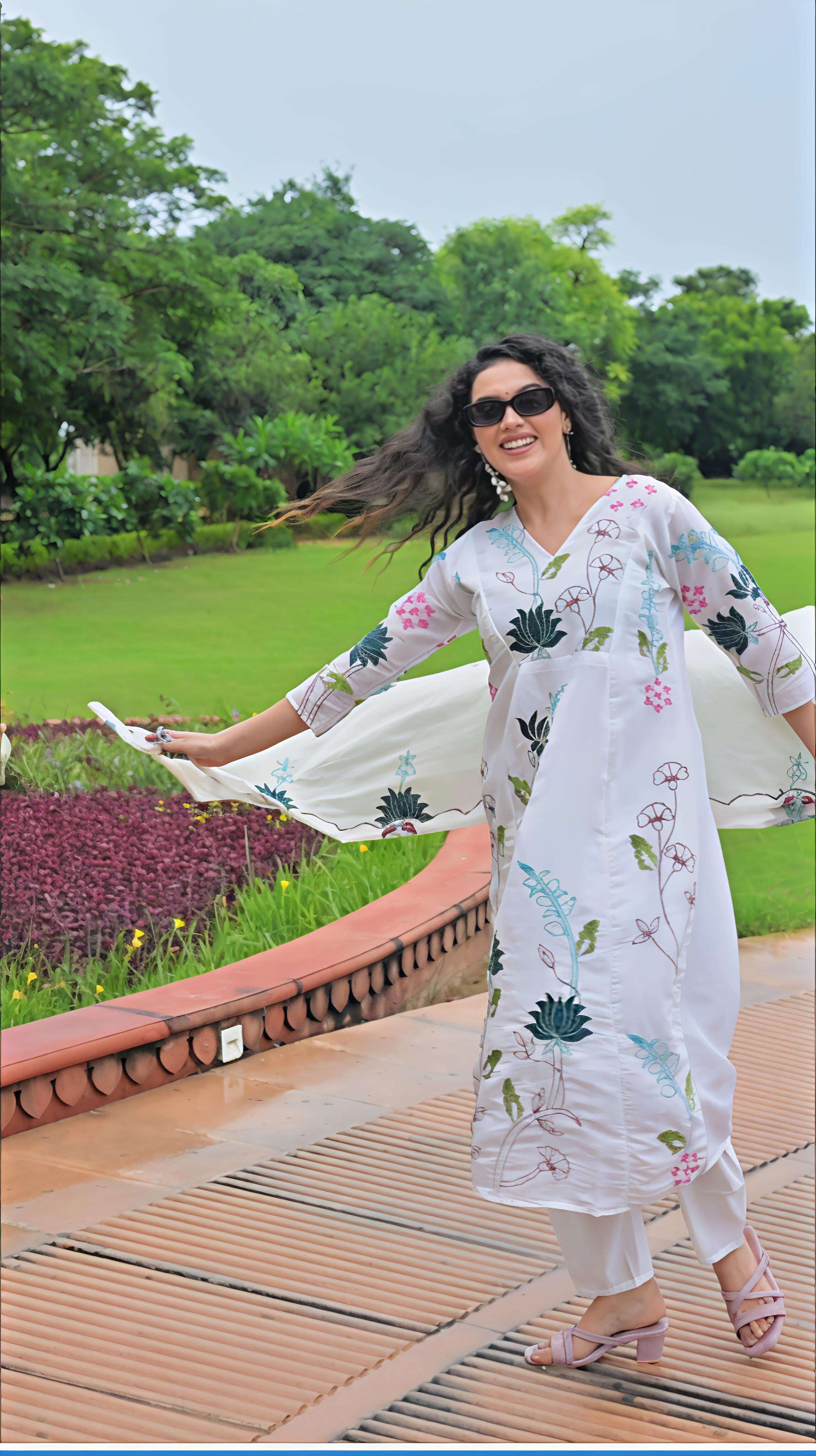 Belveera Mul Chanderi Kurta Pant Dupatta Set in White with Floral Embroidery for Elegant Style