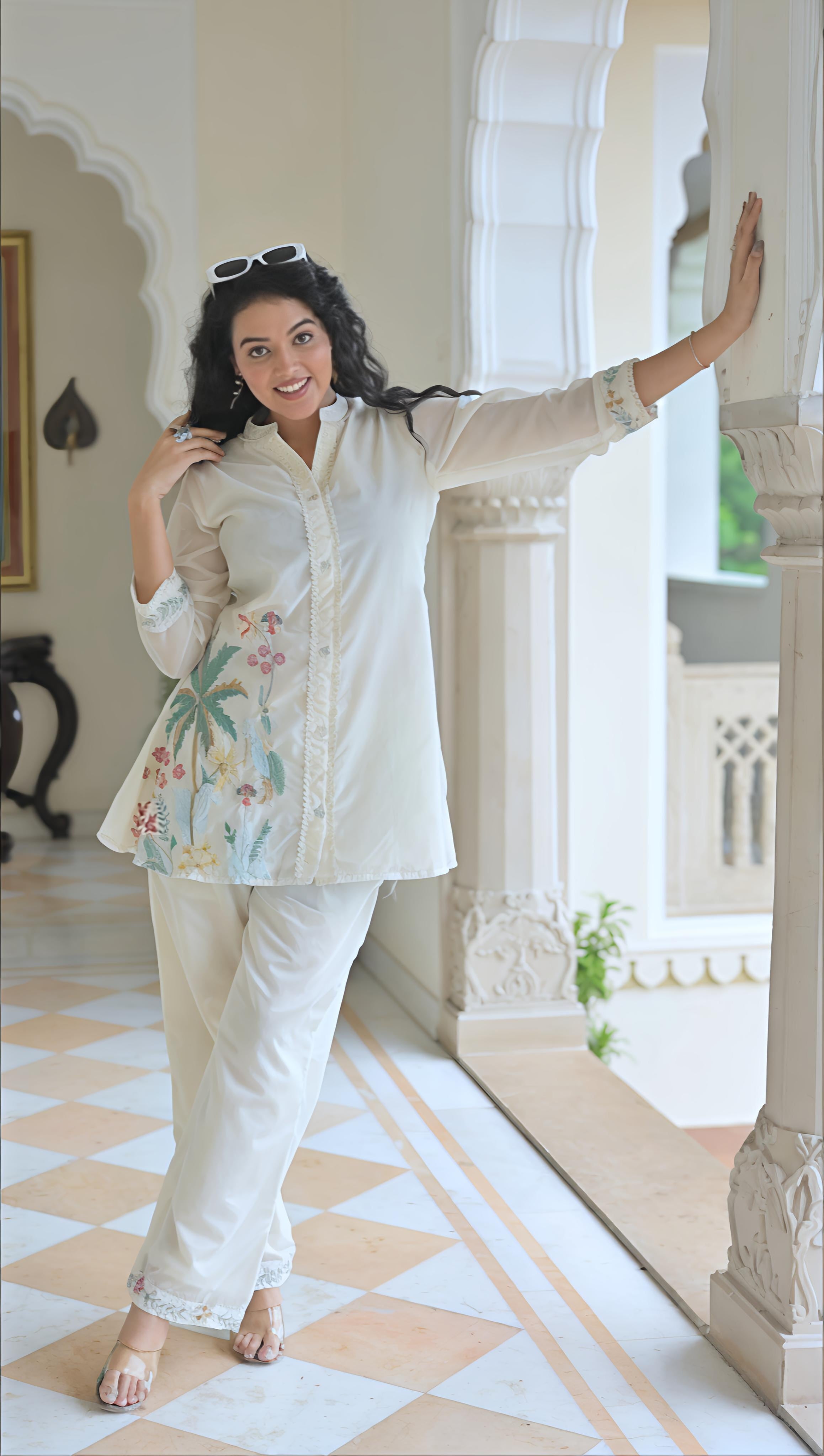 Belveera Mulchanderi co-ord set for women featuring elegant floral design in soft colors