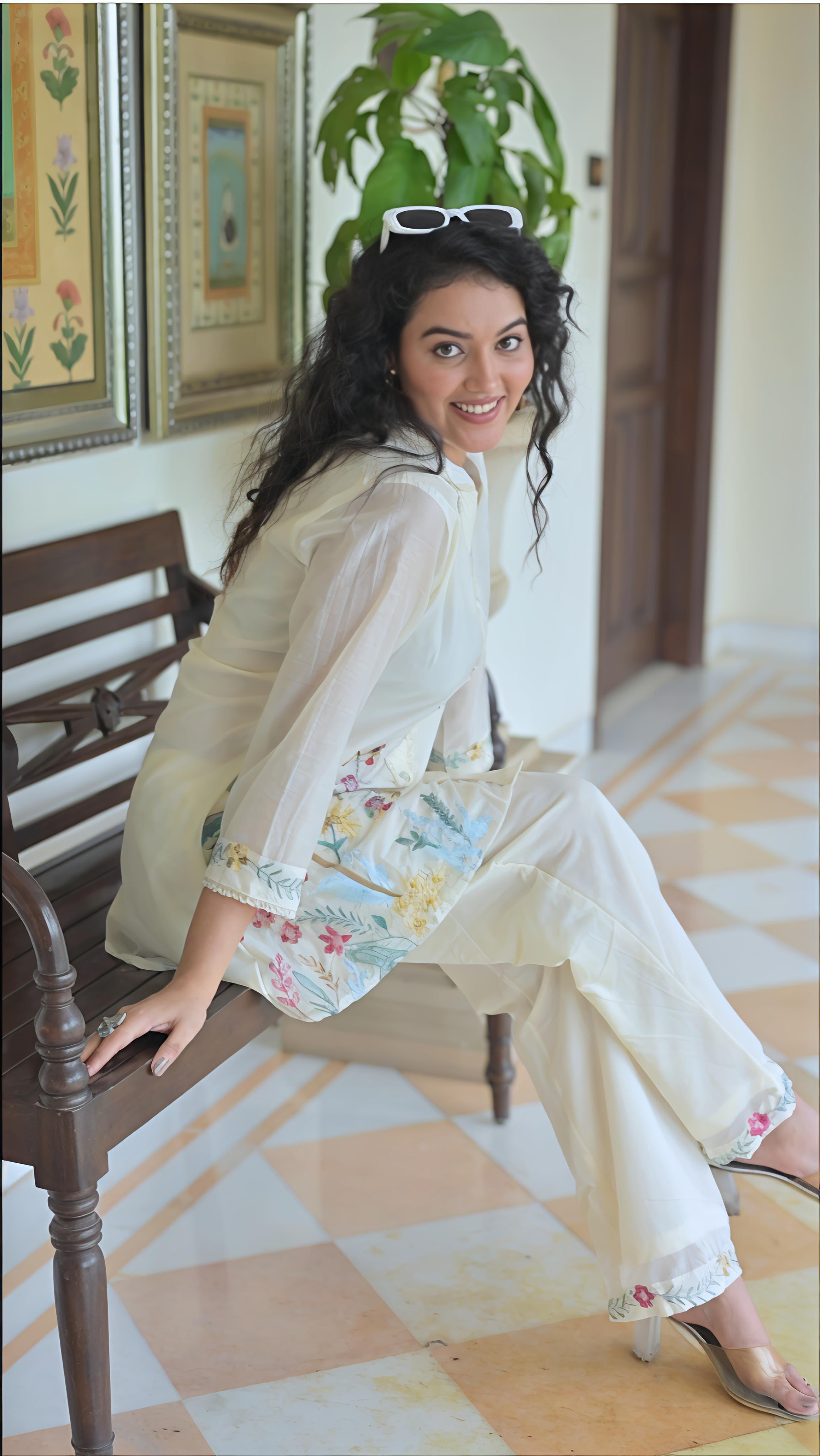 Belveera Mulchanderi co-ord set for women in cream with floral accents, perfect for casual outings