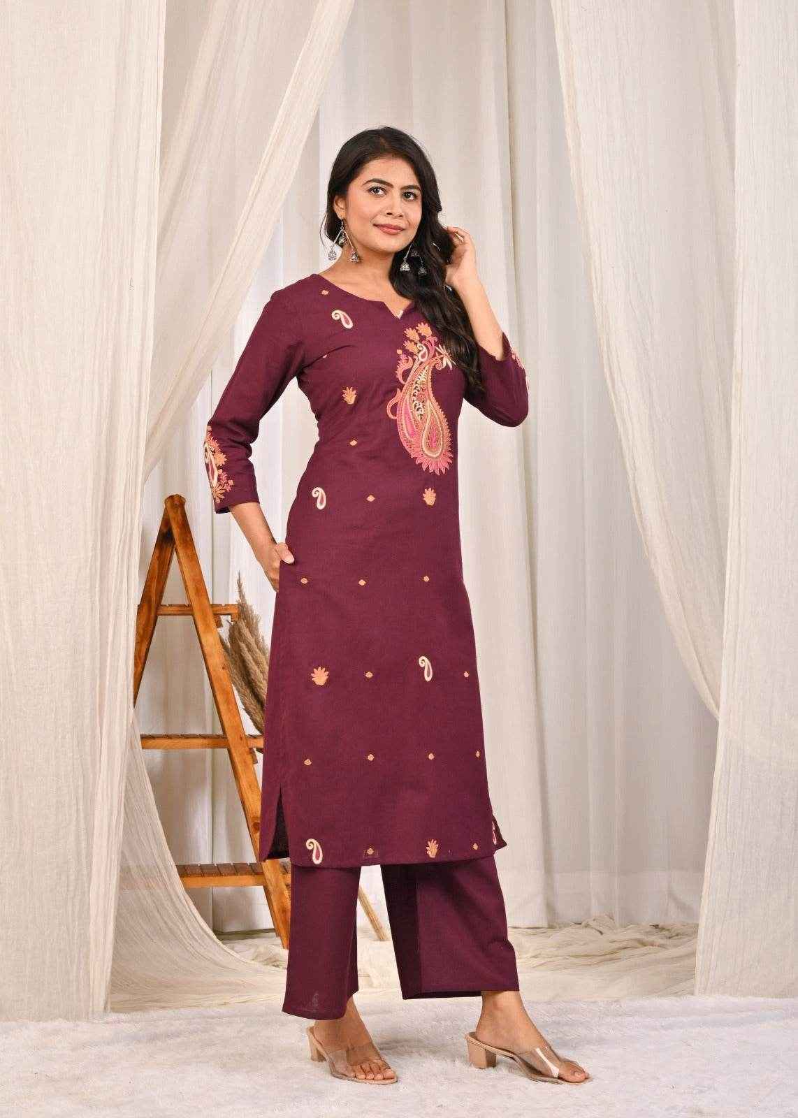 Elegant multicolour wine kurta pant set with intricate embroidery and stylish design for festive occasions