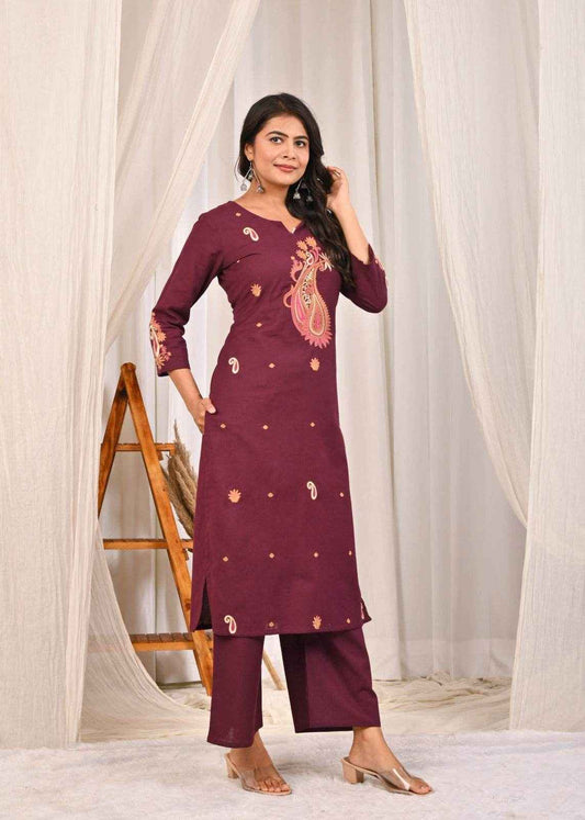 Elegant multicolour wine kurta pant set with intricate embroidery and stylish design for festive occasions