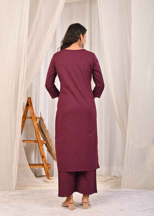 Back view of a woman wearing a multicolour wine kurta pant set with elegant design and comfortable fit