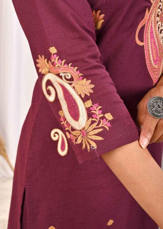 Close-up of multicolour wine kurta pant set showcasing intricate embroidery on sleeves