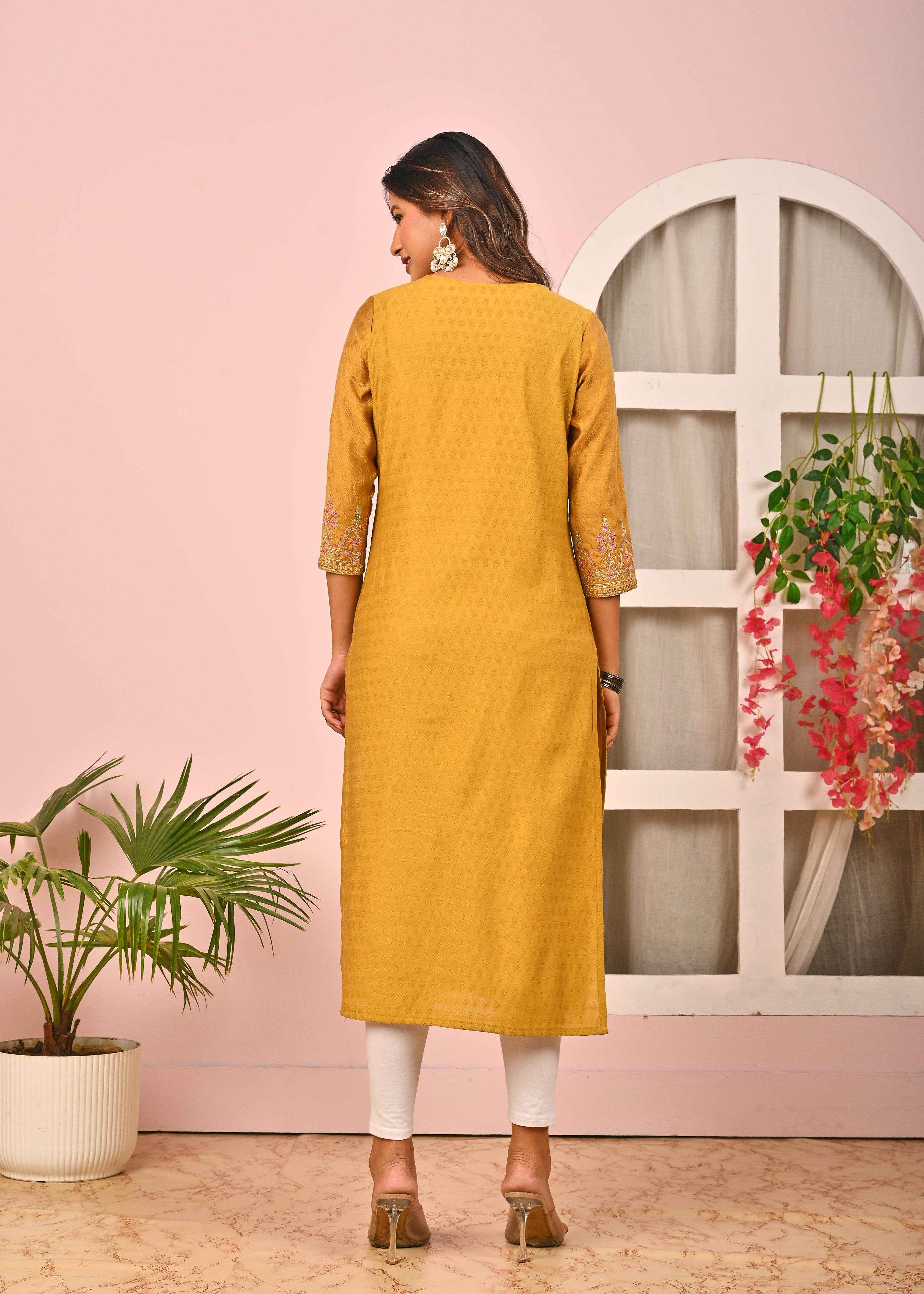 BELVEERA Mustard Yellow Beautiful Neck Embroidery Kurta