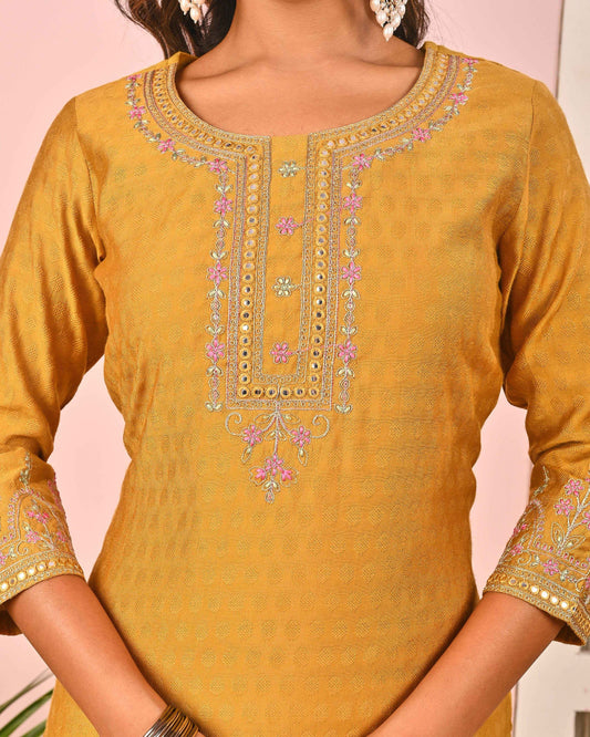 BELVEERA Mustard Yellow Beautiful Neck Embroidery Kurta
