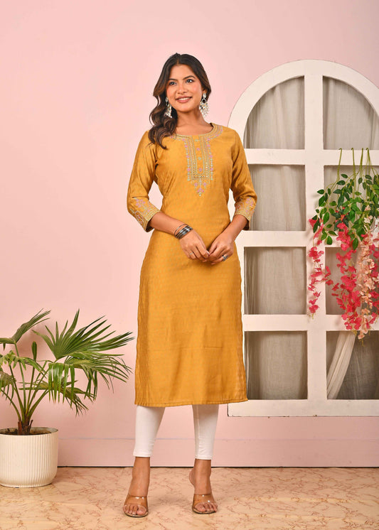 BELVEERA Mustard Yellow Beautiful Neck Embroidery Kurta