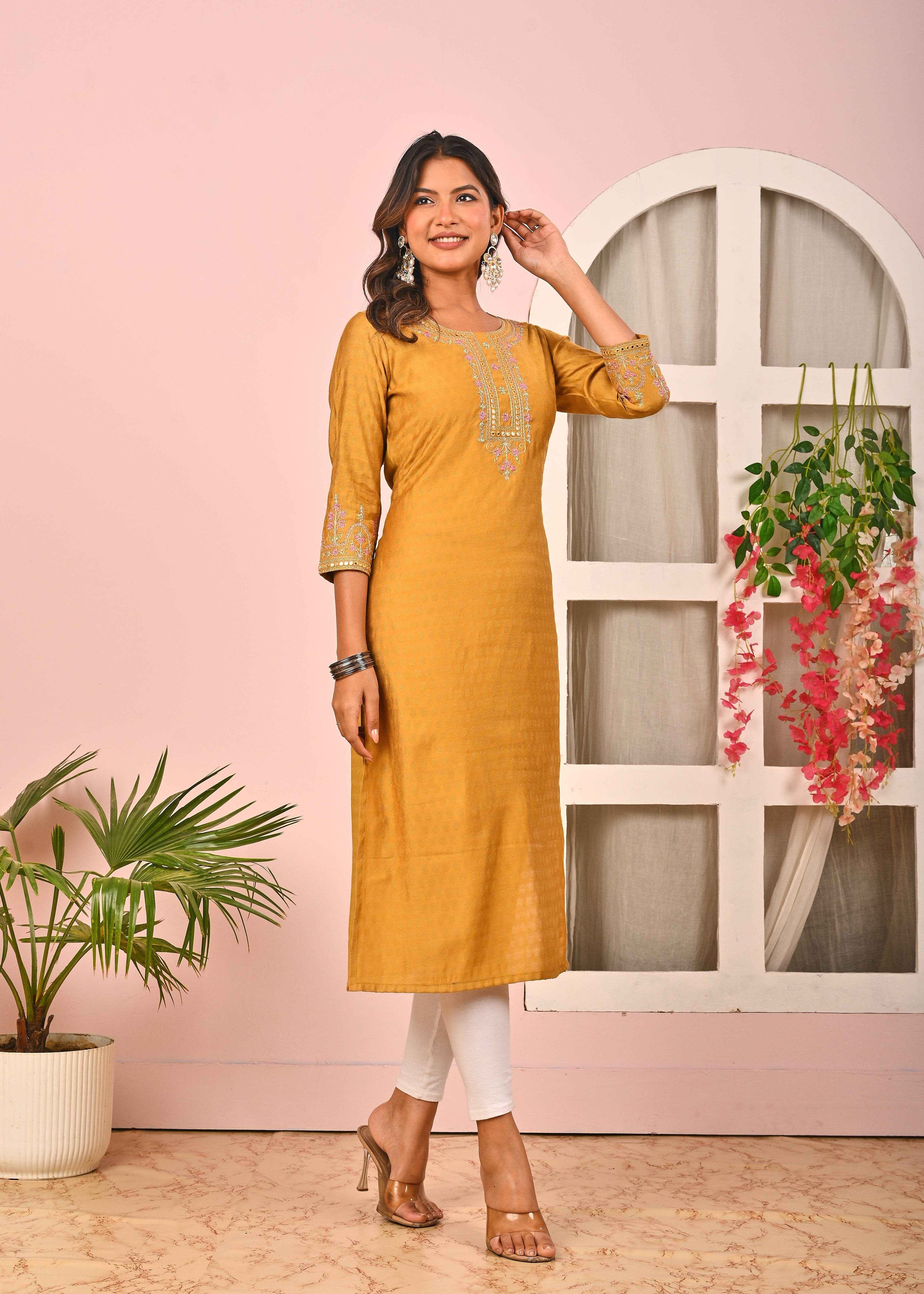 BELVEERA Mustard Yellow Beautiful Neck Embroidery Kurta