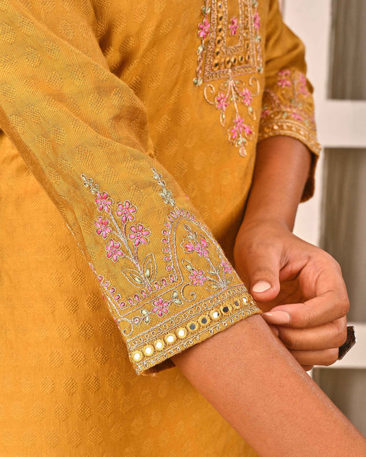 BELVEERA Mustard Yellow Beautiful Neck Embroidery Kurta