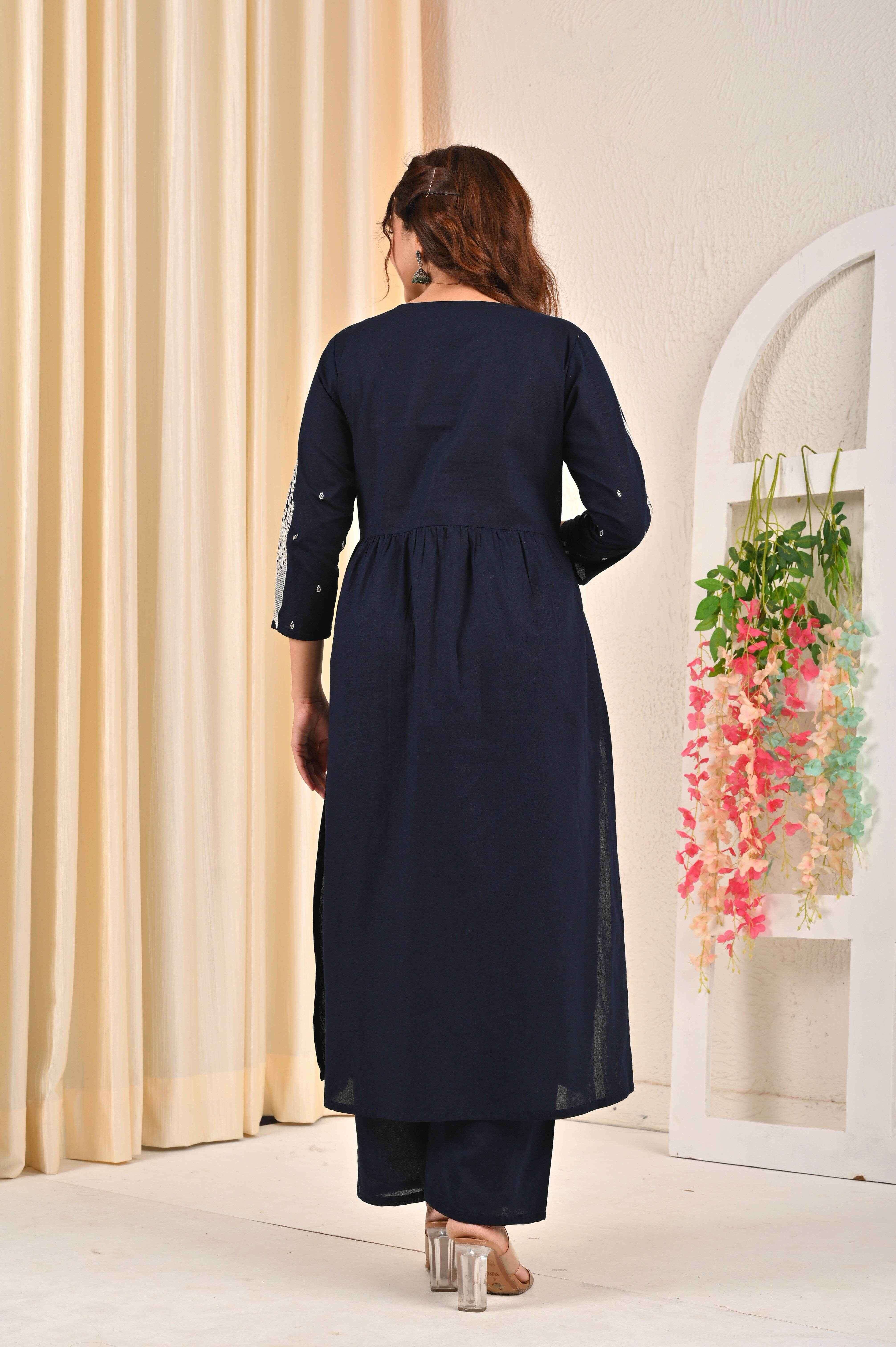 BELVEERA Navy Blue Cotton Women’s leaf Embroidered Kurta Set