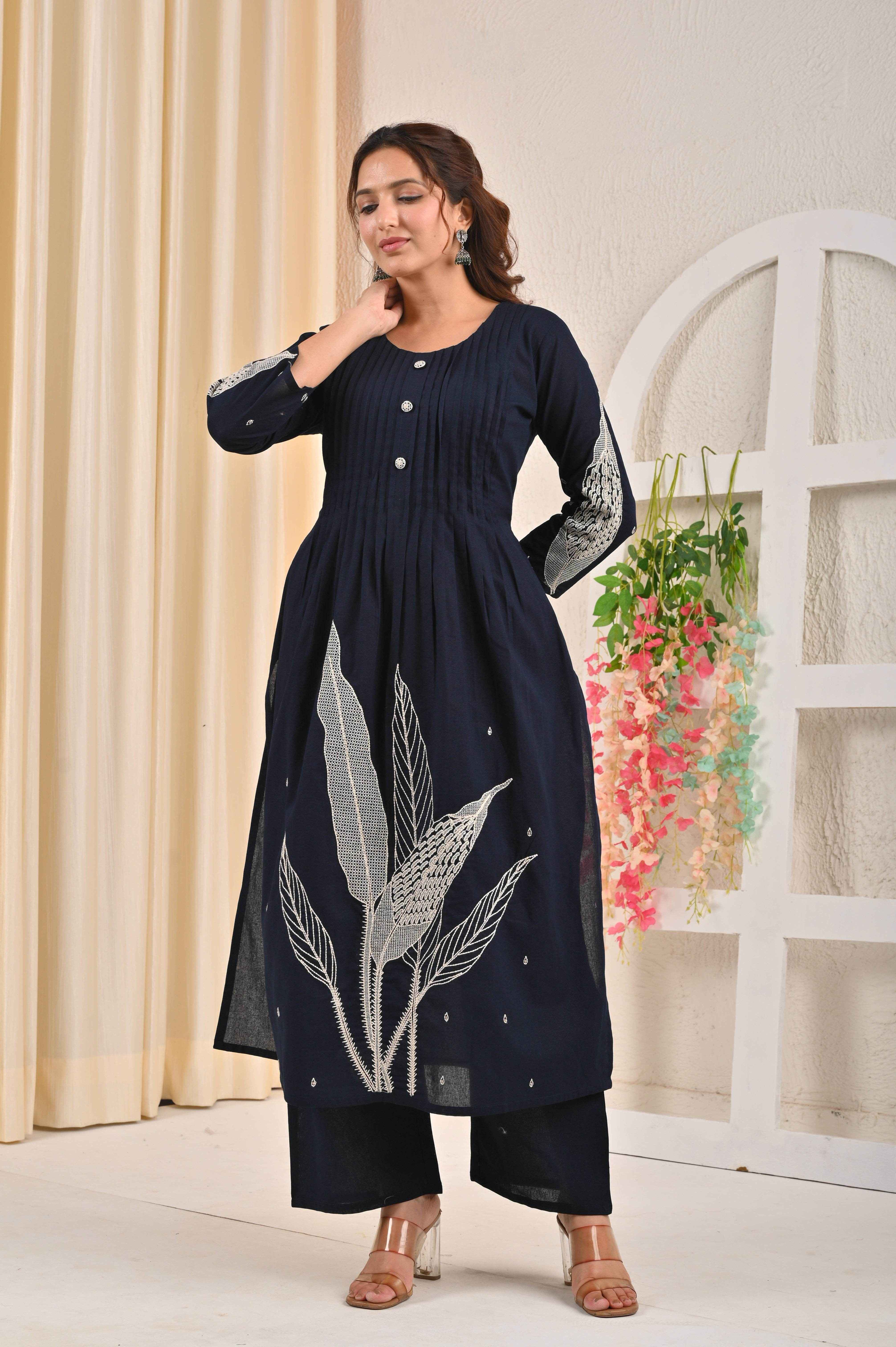 BELVEERA Navy Blue Cotton Women’s leaf Embroidered Kurta Set