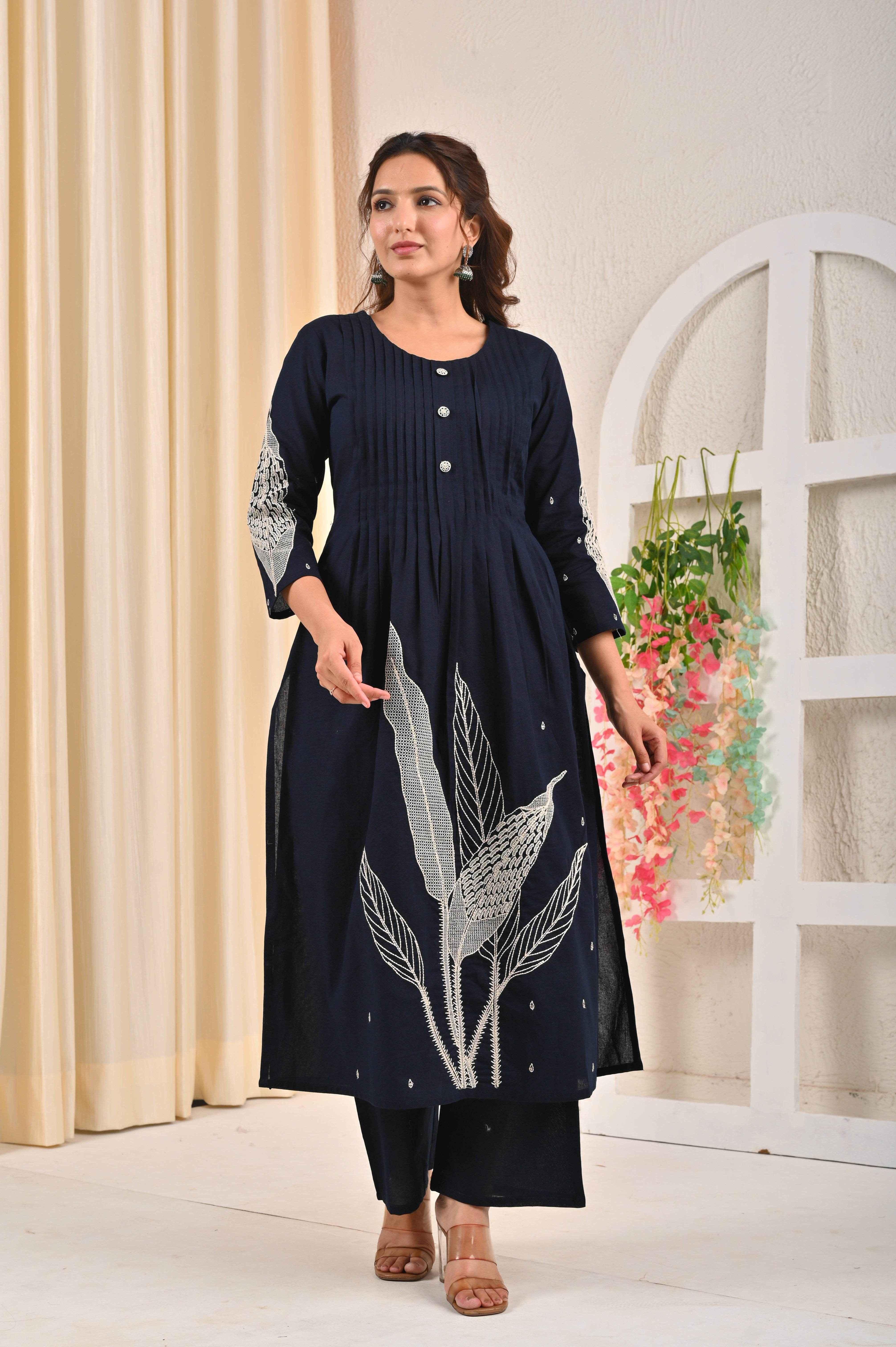 BELVEERA Navy Blue Cotton Women’s leaf Embroidered Kurta Set