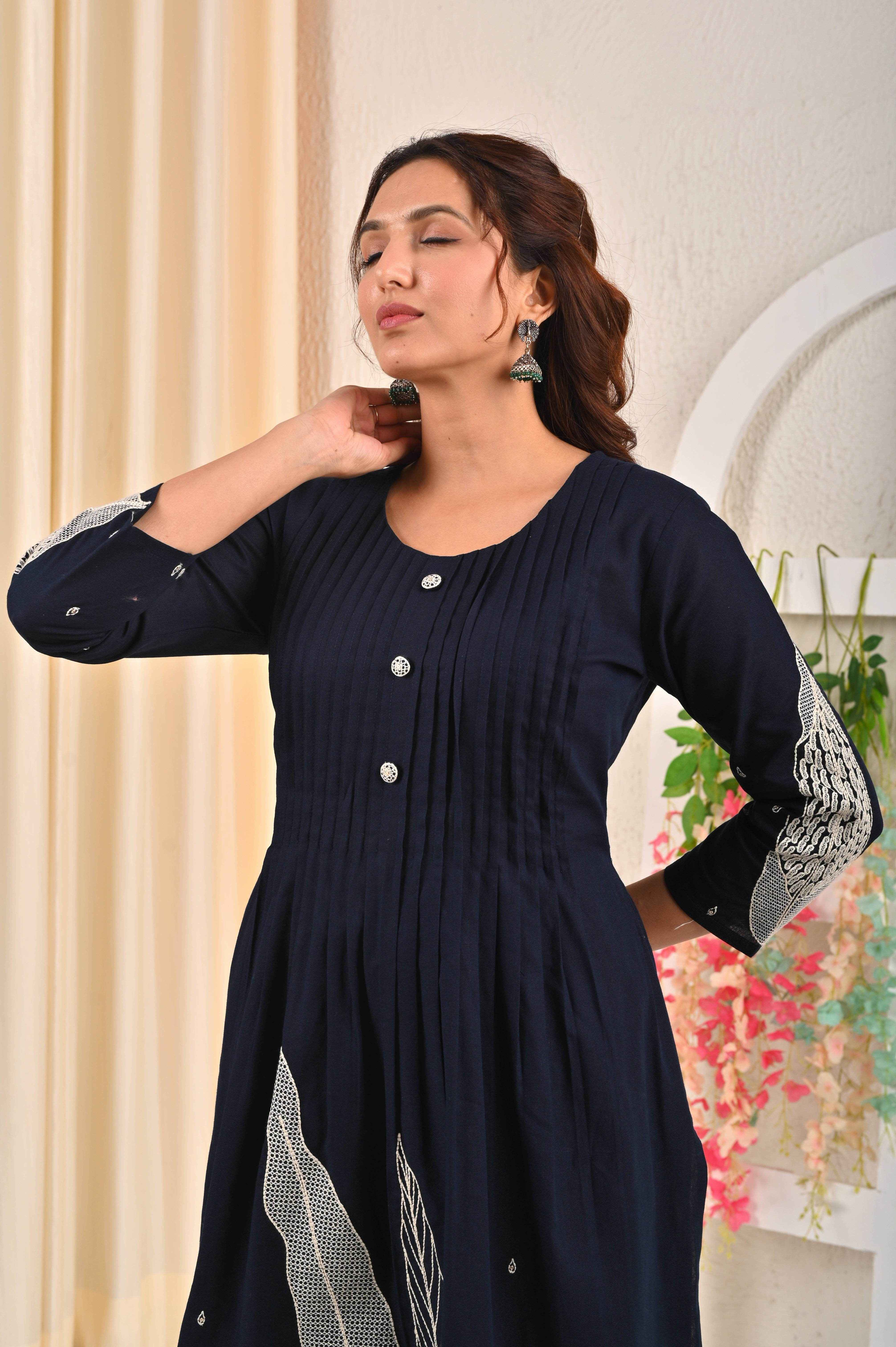 BELVEERA Navy Blue Cotton Women’s leaf Embroidered Kurta Set