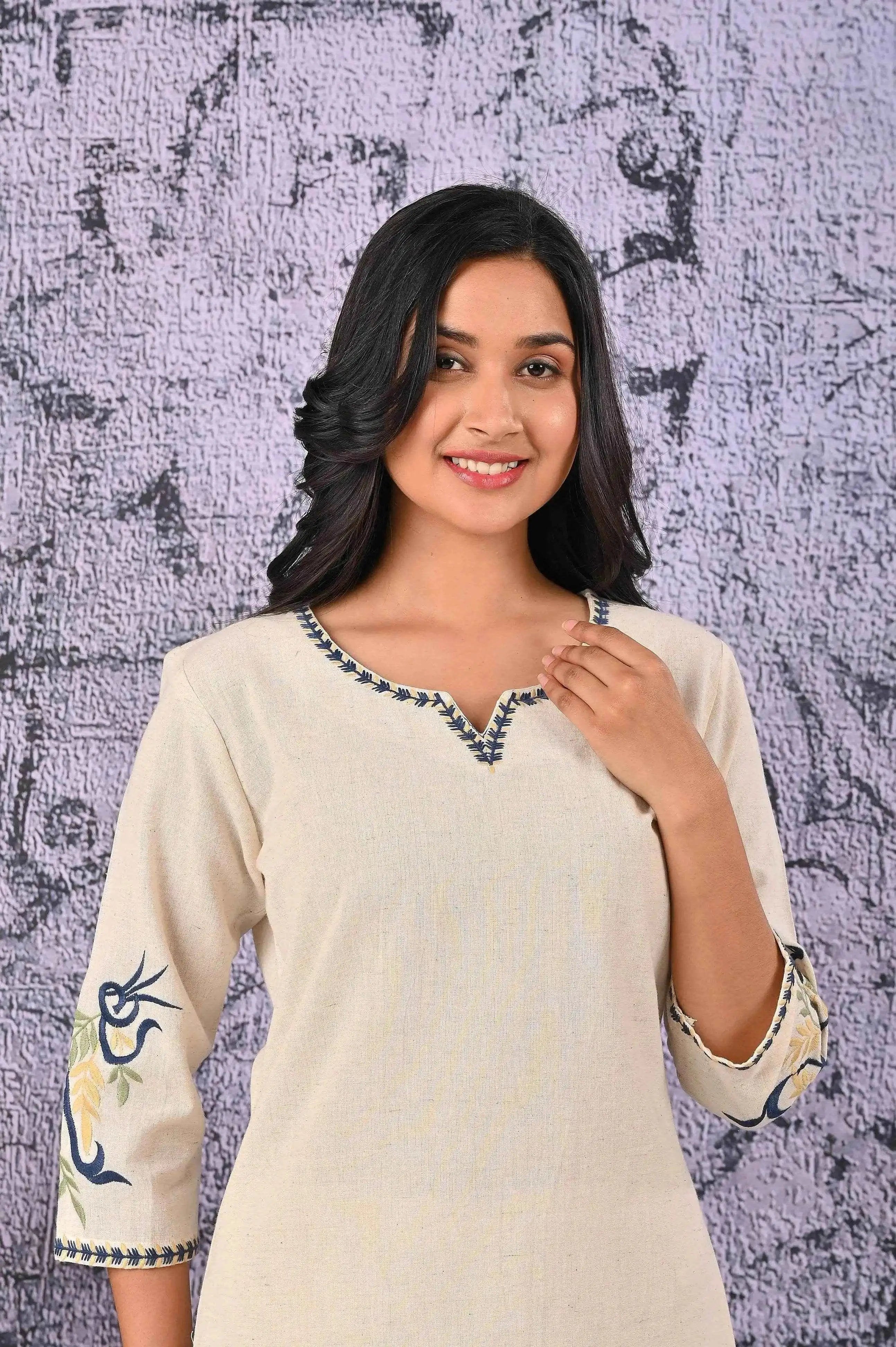 BELVEERA White Cotton Women’s Blue Floral Embroidered Kurta Set