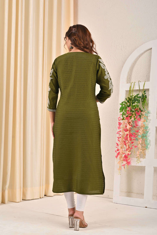Back view of an olive green embroidered kurta with floral designs on sleeves, perfect for festive occasions