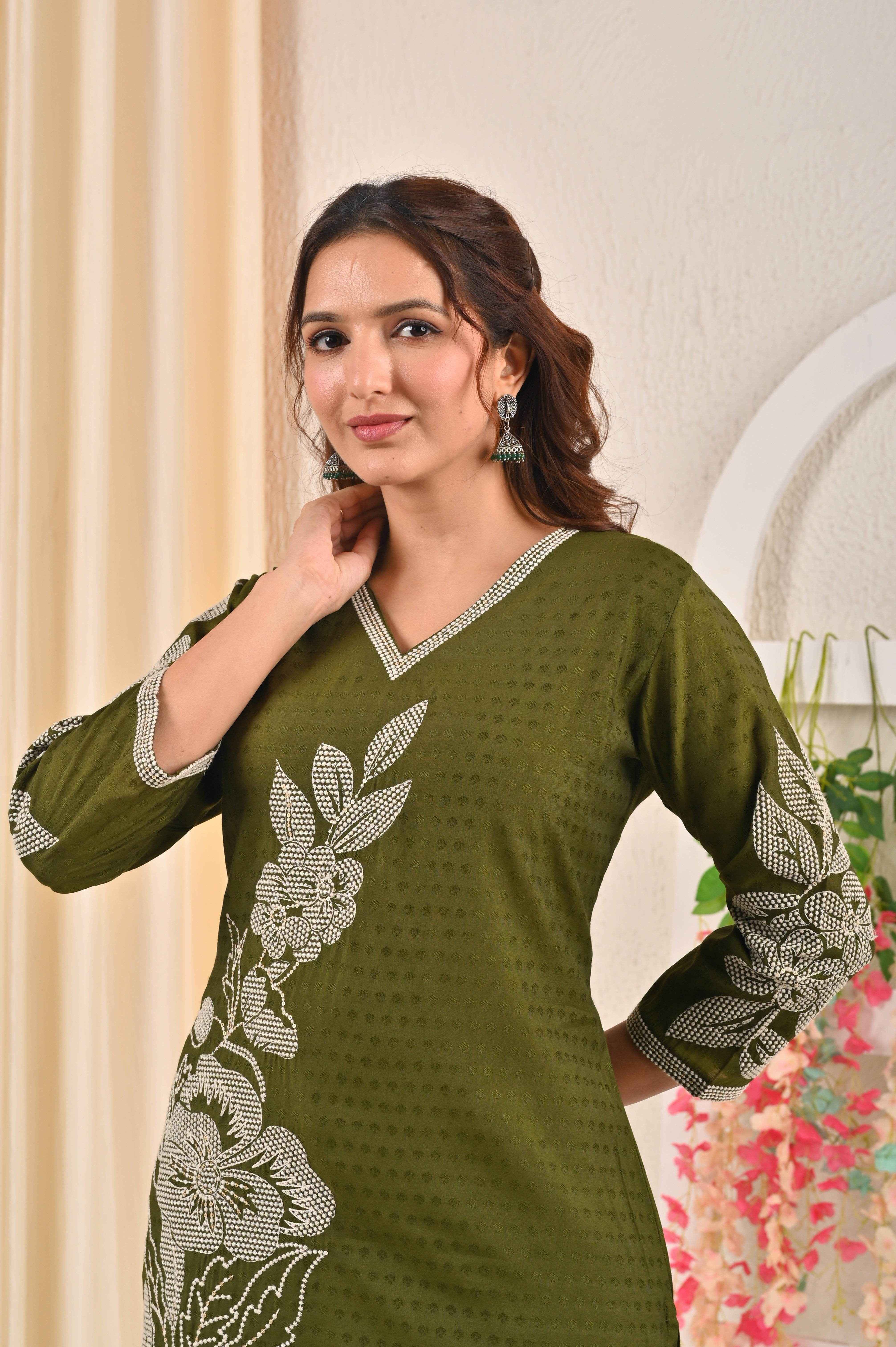 Olive green embroidered kurta featuring floral designs and a stylish V-neckline for a chic look