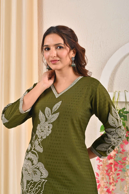 Olive green embroidered kurta featuring floral designs and a stylish V-neckline for a chic look
