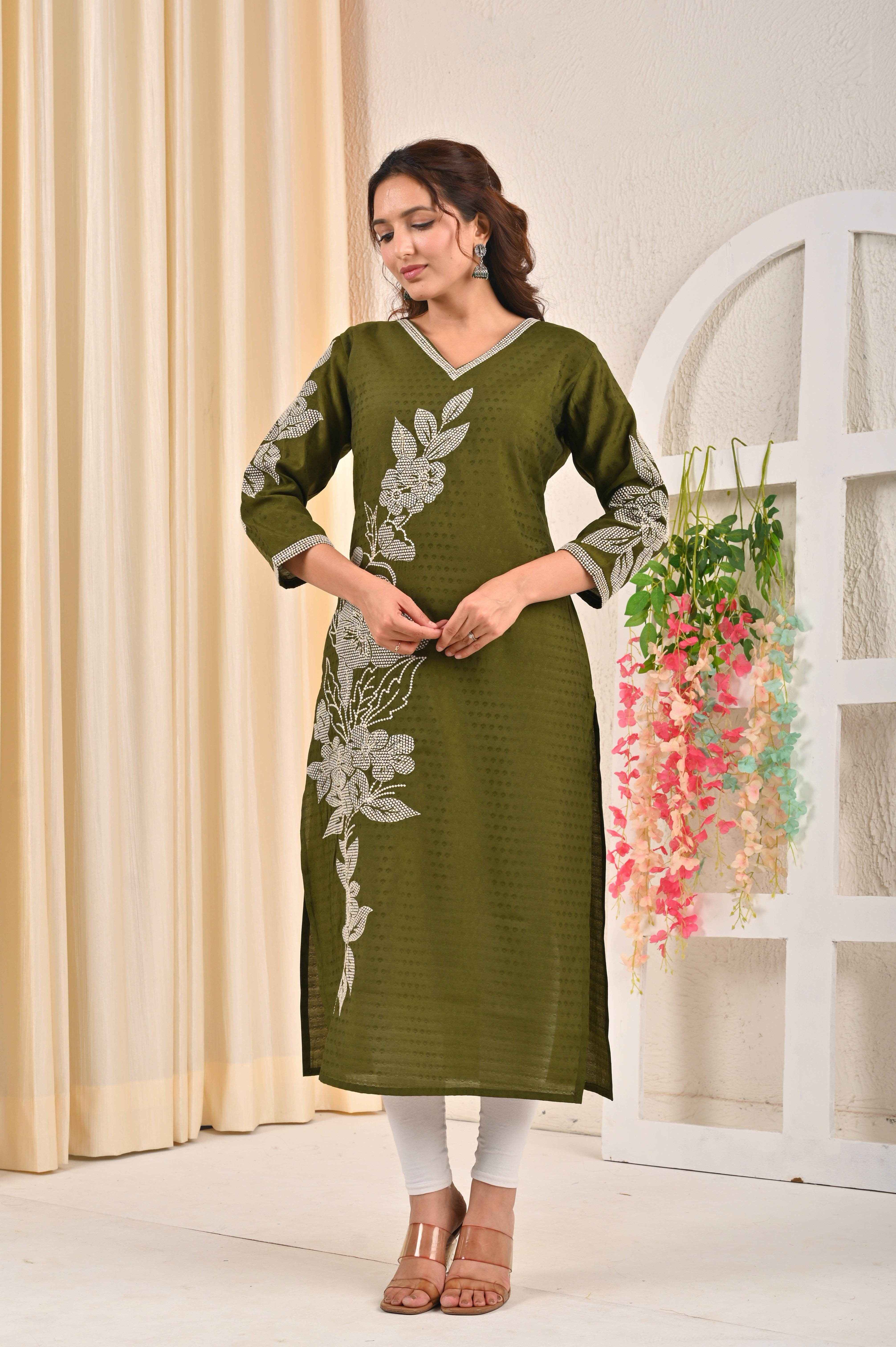 Olive green embroidered kurta with floral embroidery and V-neck design for elegant style