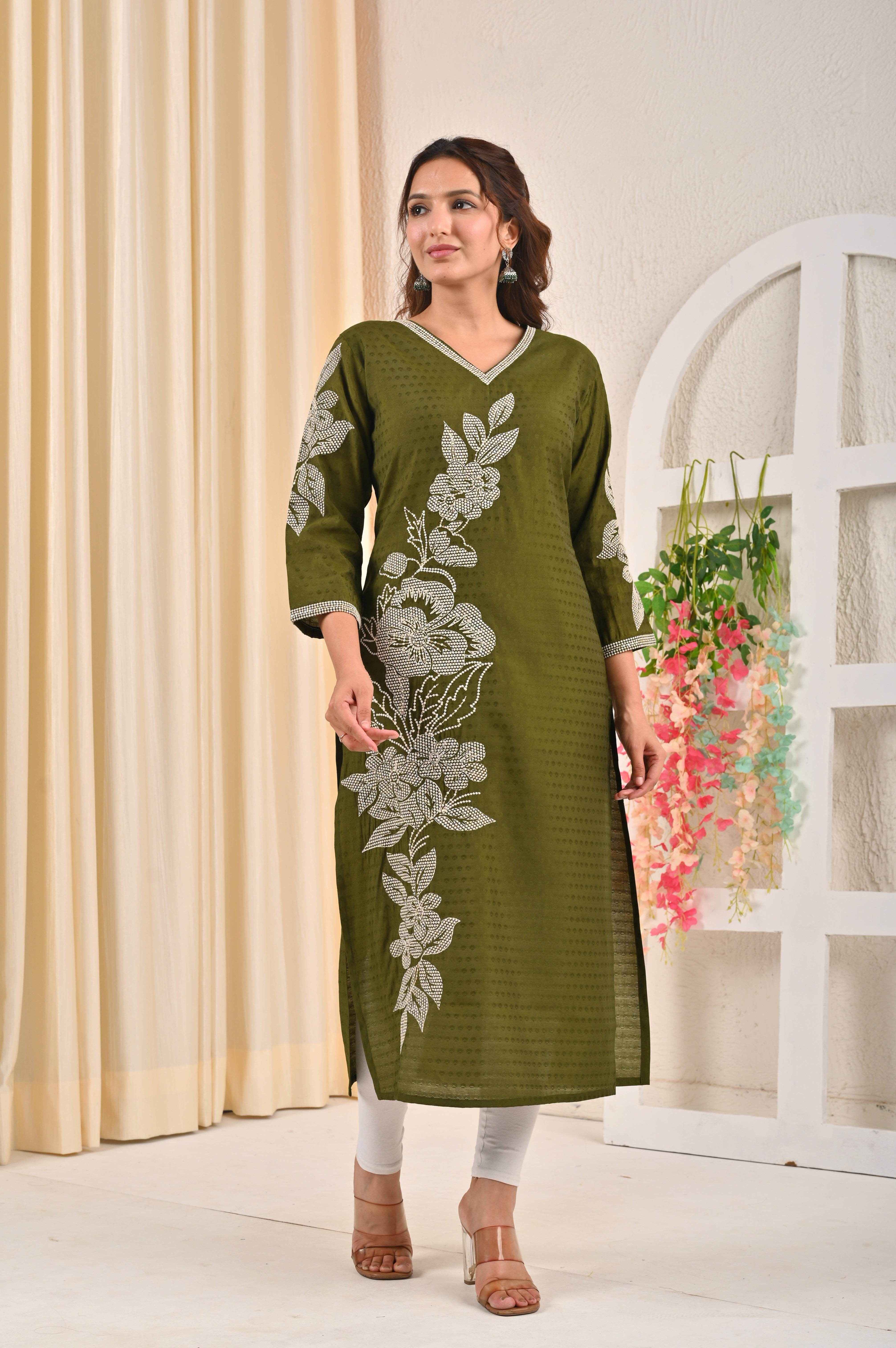Olive green embroidered kurta with floral design and V-neckline for stylish casual wear