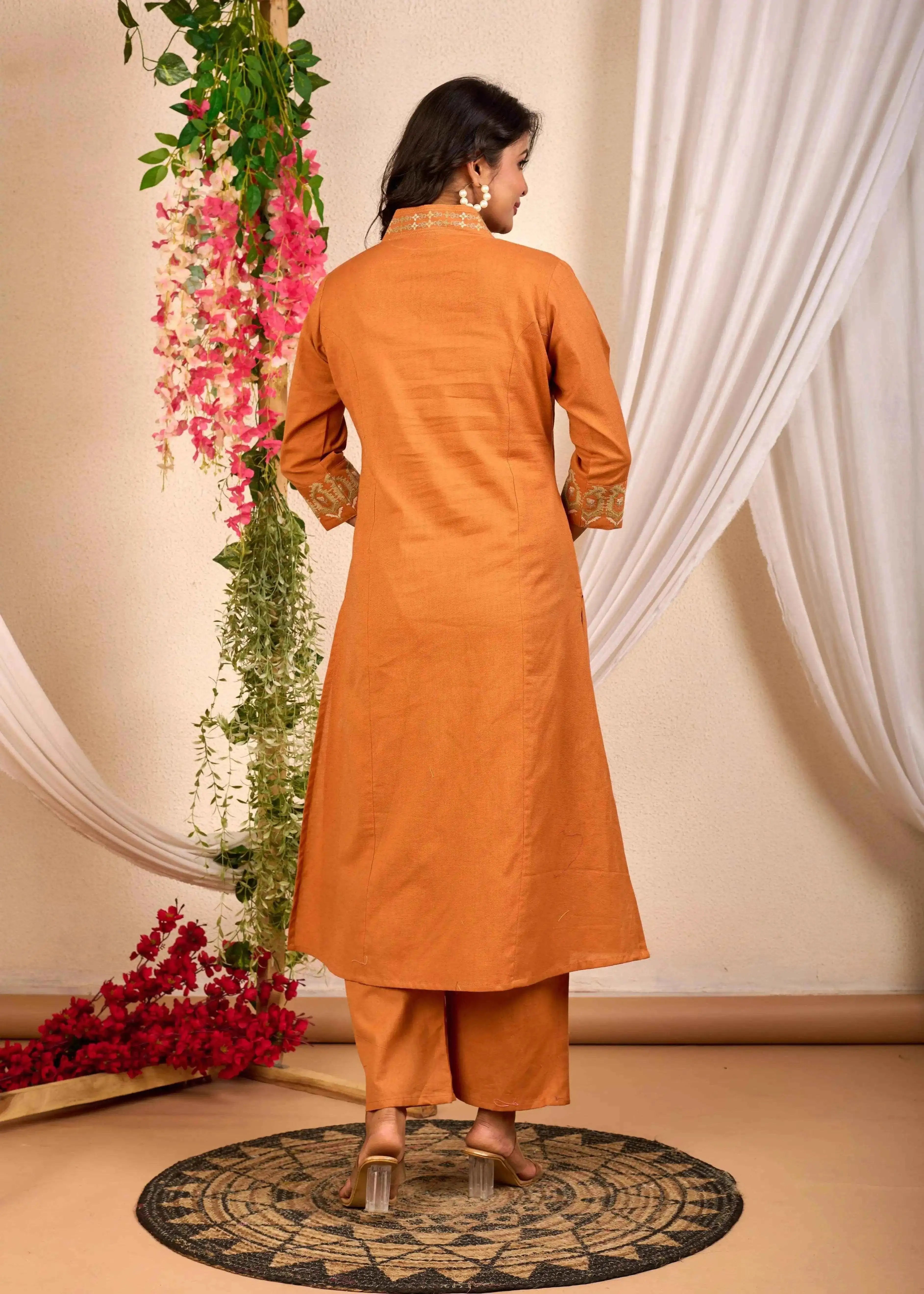 BELVEERA Rust Cotton Women's Embroidered Kurta Set