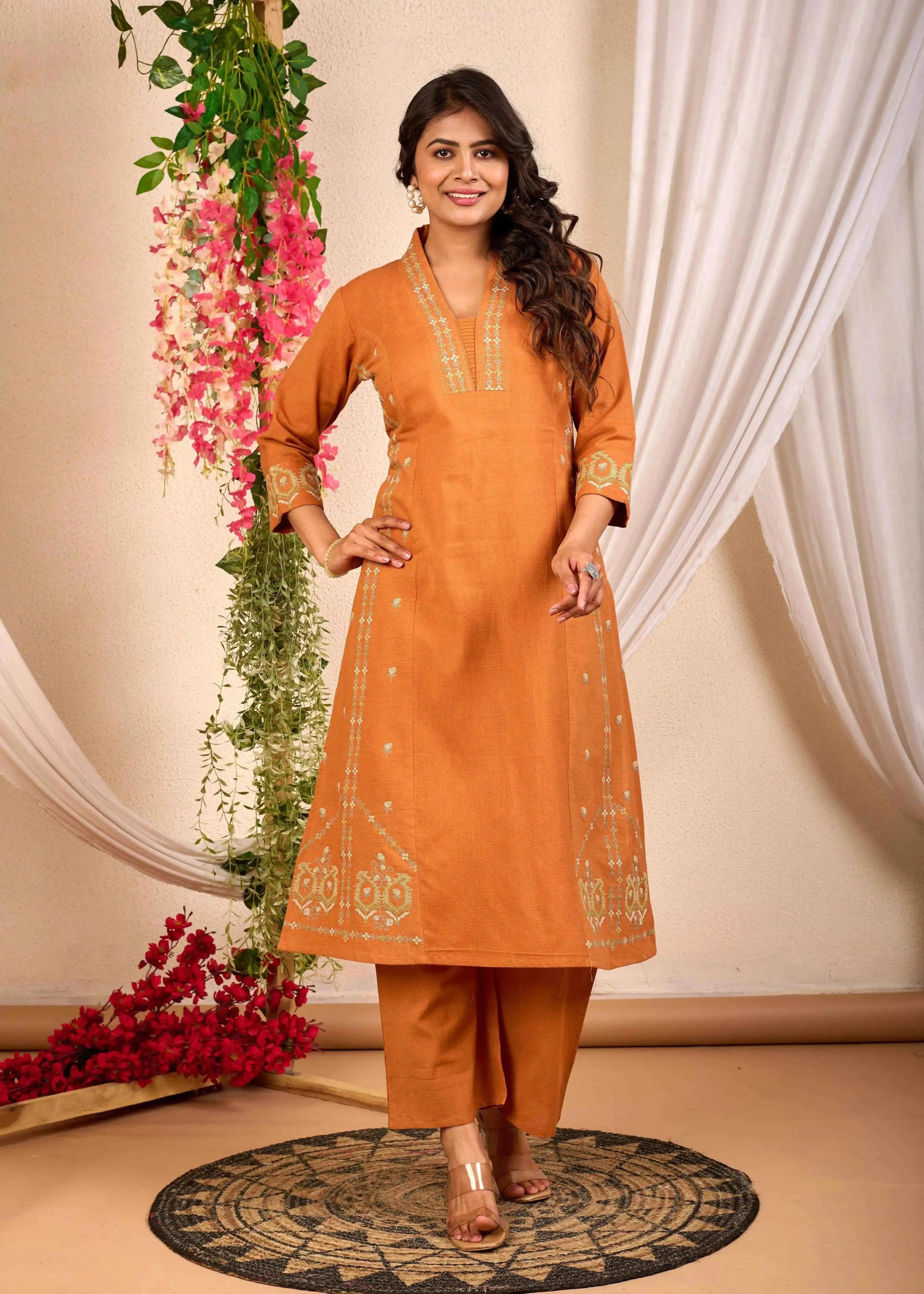 BELVEERA Rust Cotton Women's Embroidered Kurta Set