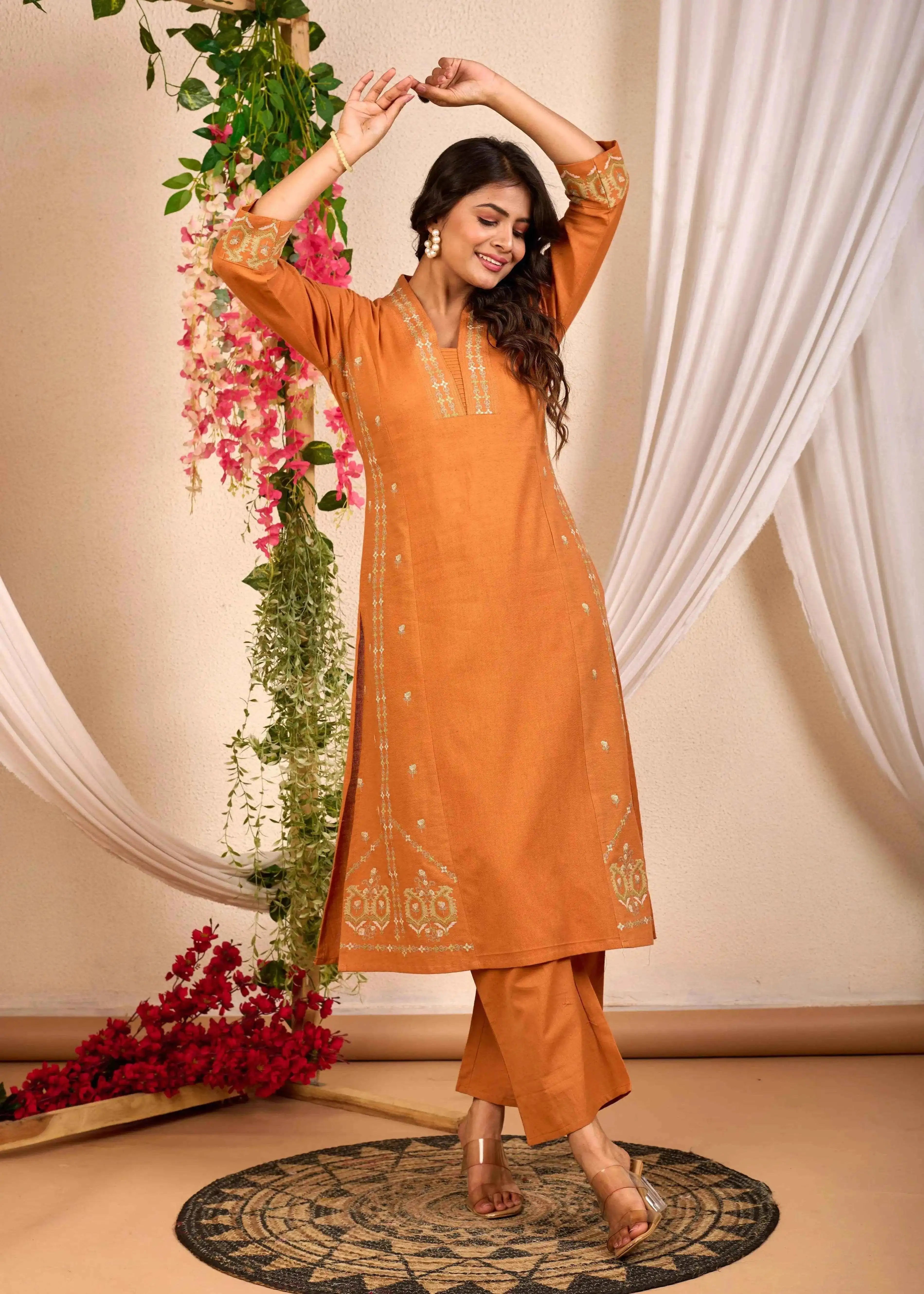 BELVEERA Rust Cotton Women's Embroidered Kurta Set