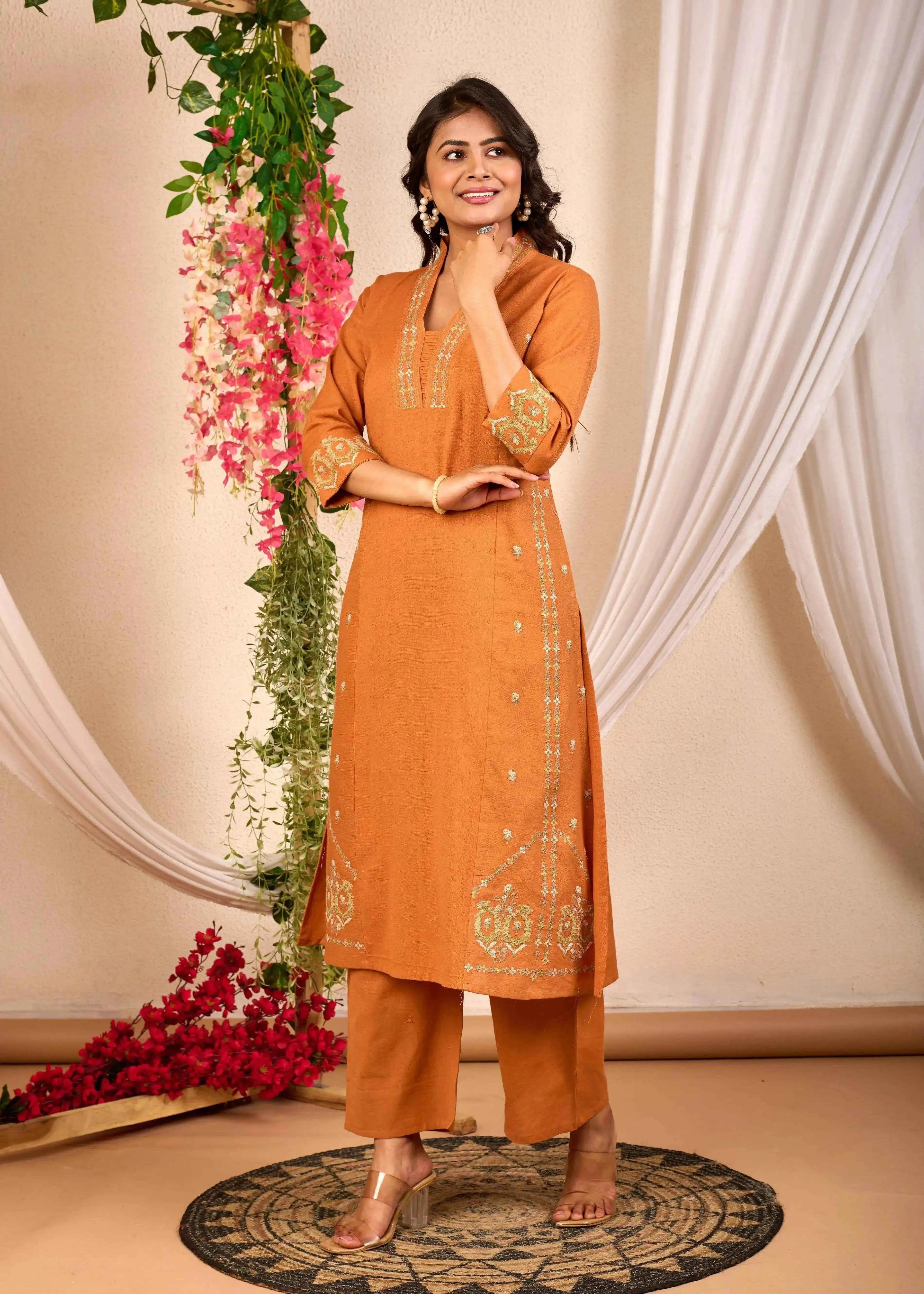 BELVEERA Rust Cotton Women's Embroidered Kurta Set