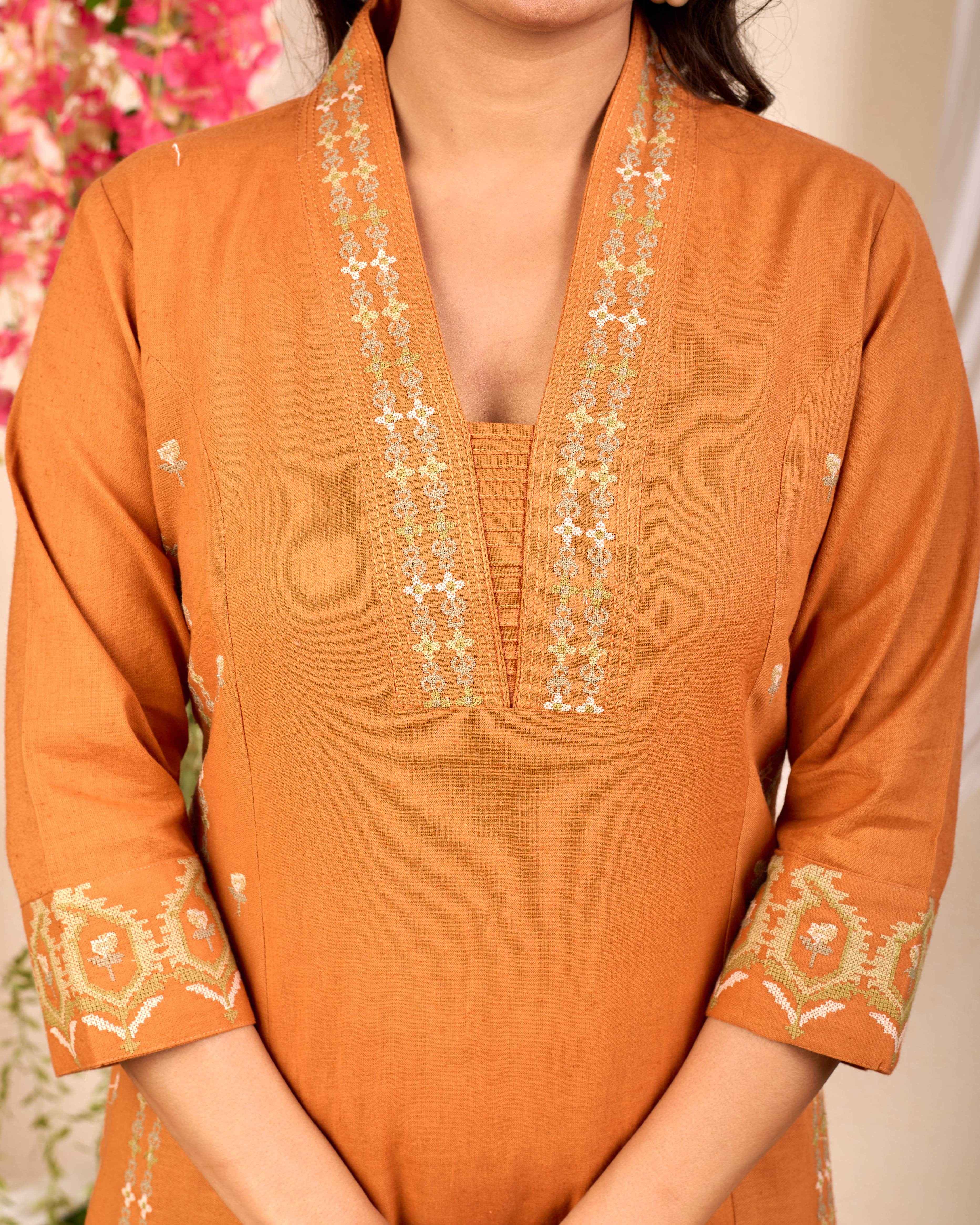 BELVEERA Rust Cotton Women's Embroidered Kurta Set