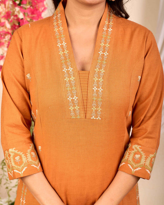 BELVEERA Rust Cotton Women's Embroidered Kurta Set