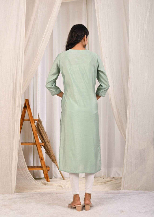 Pastel mint green silk kurta with a simple design and comfortable fit, perfect for casual wear