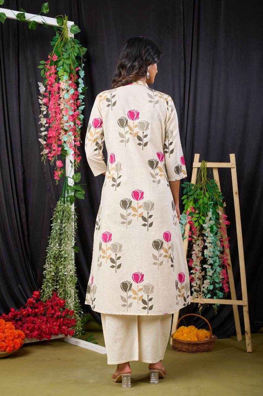 Back view of a pink floral print kurta online, featuring elegant floral patterns with a flowing design