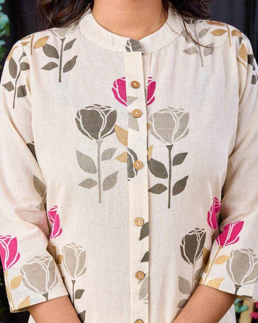 Belveera pink floral print kurta online featuring button closure and elegant rose design
