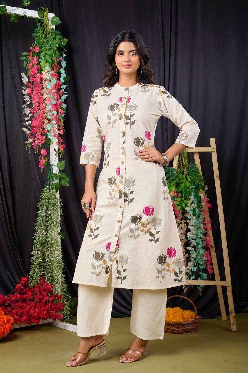 Belveera pink floral print kurta online with button detail and elegant embroidery showcased on a model