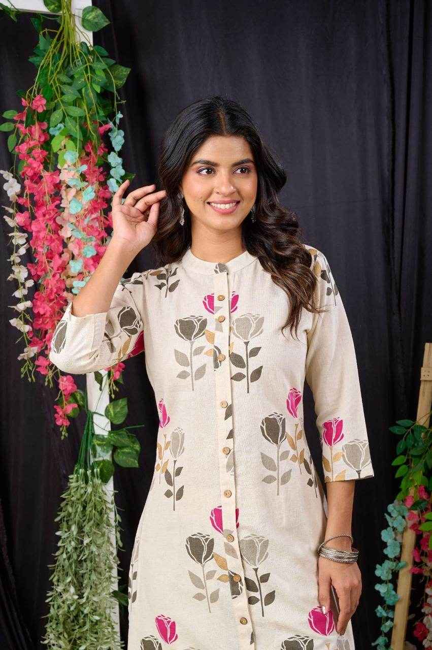 Belveera pink floral print kurta online with button detail and three-quarter sleeves for a stylish look