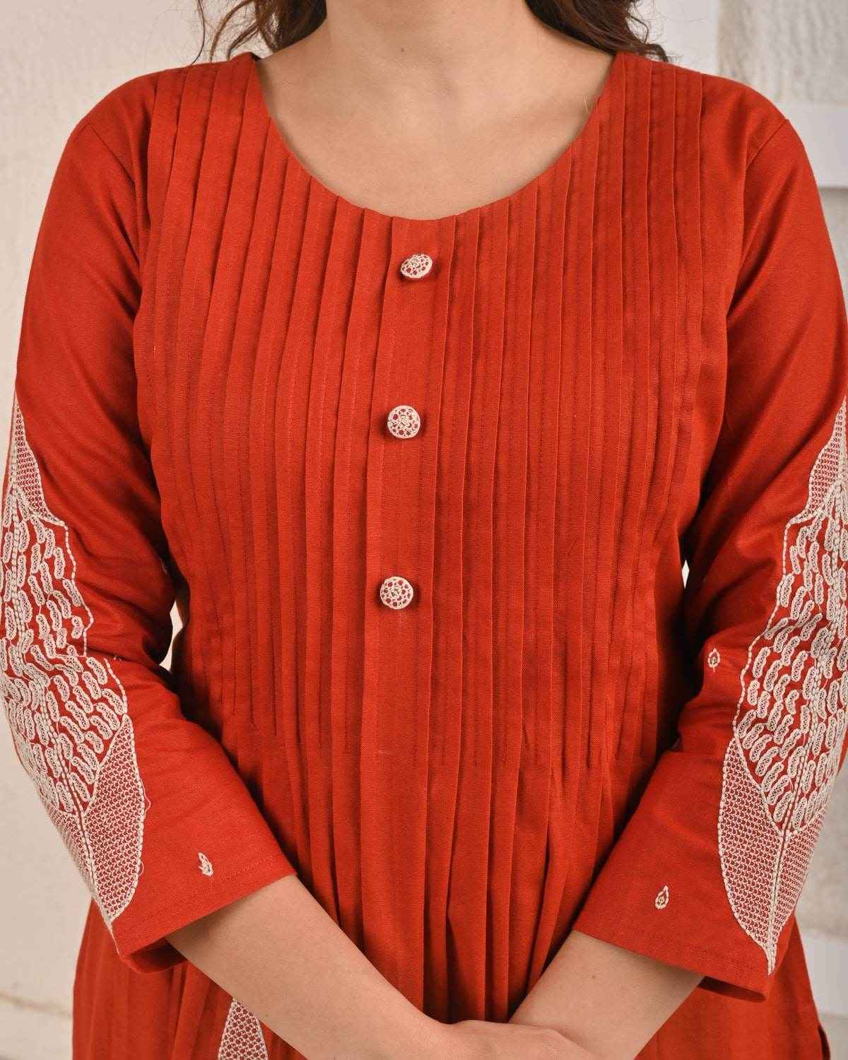 BELVEERA Rust Cotton Women’s leaf Embroidered Kurta Set