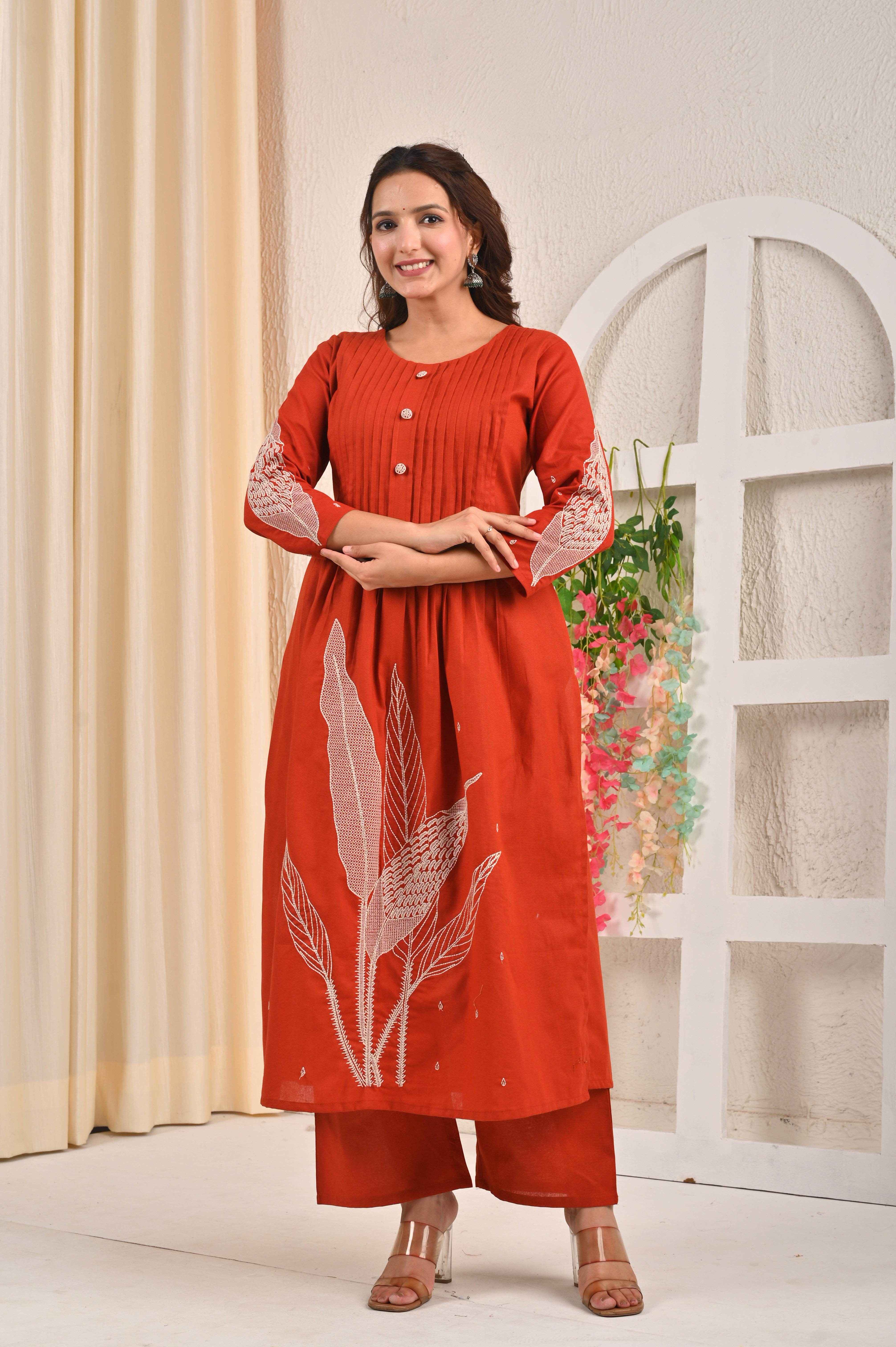 BELVEERA Rust Cotton Women’s leaf Embroidered Kurta Set