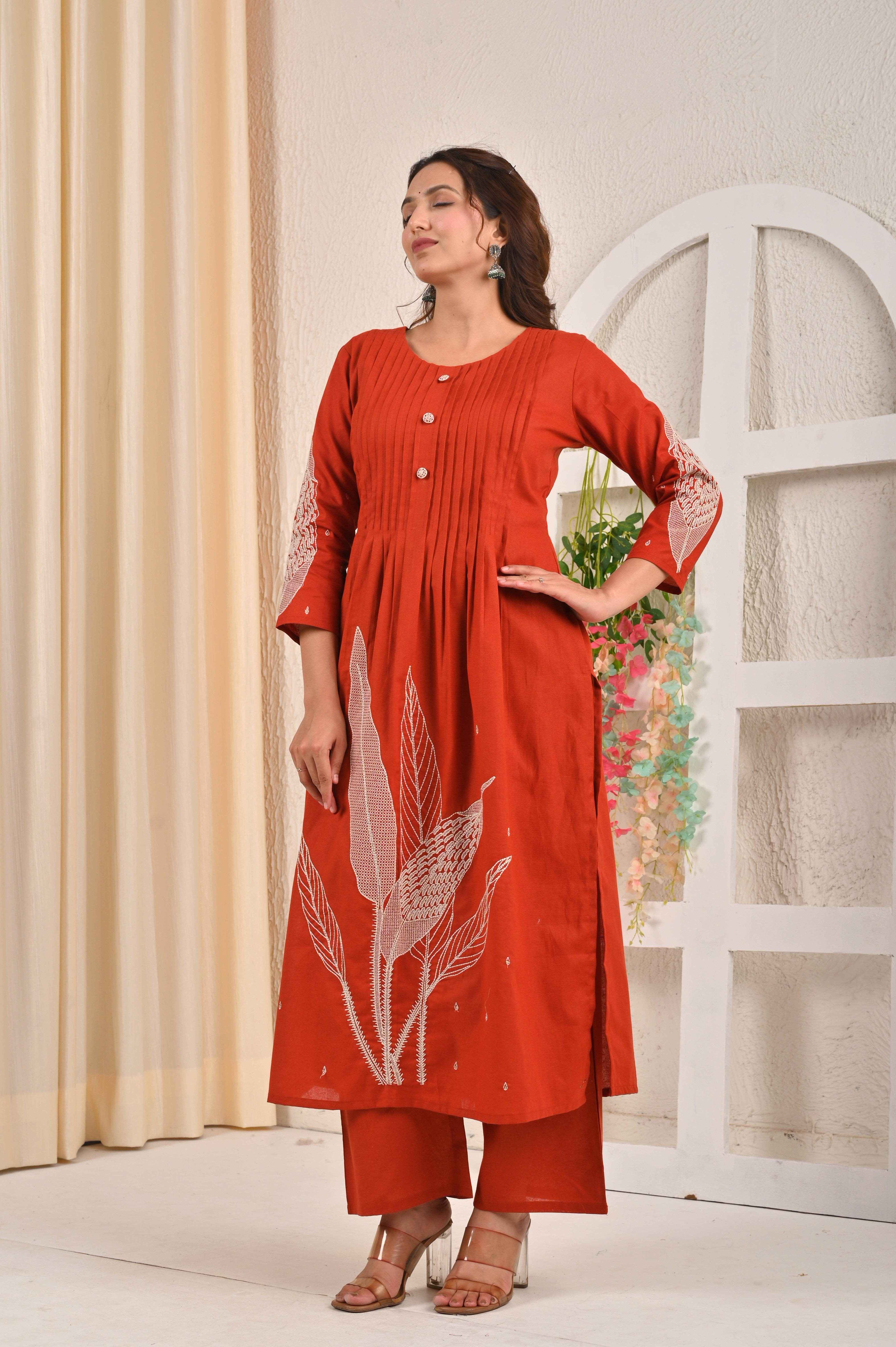 BELVEERA Rust Cotton Women’s leaf Embroidered Kurta Set