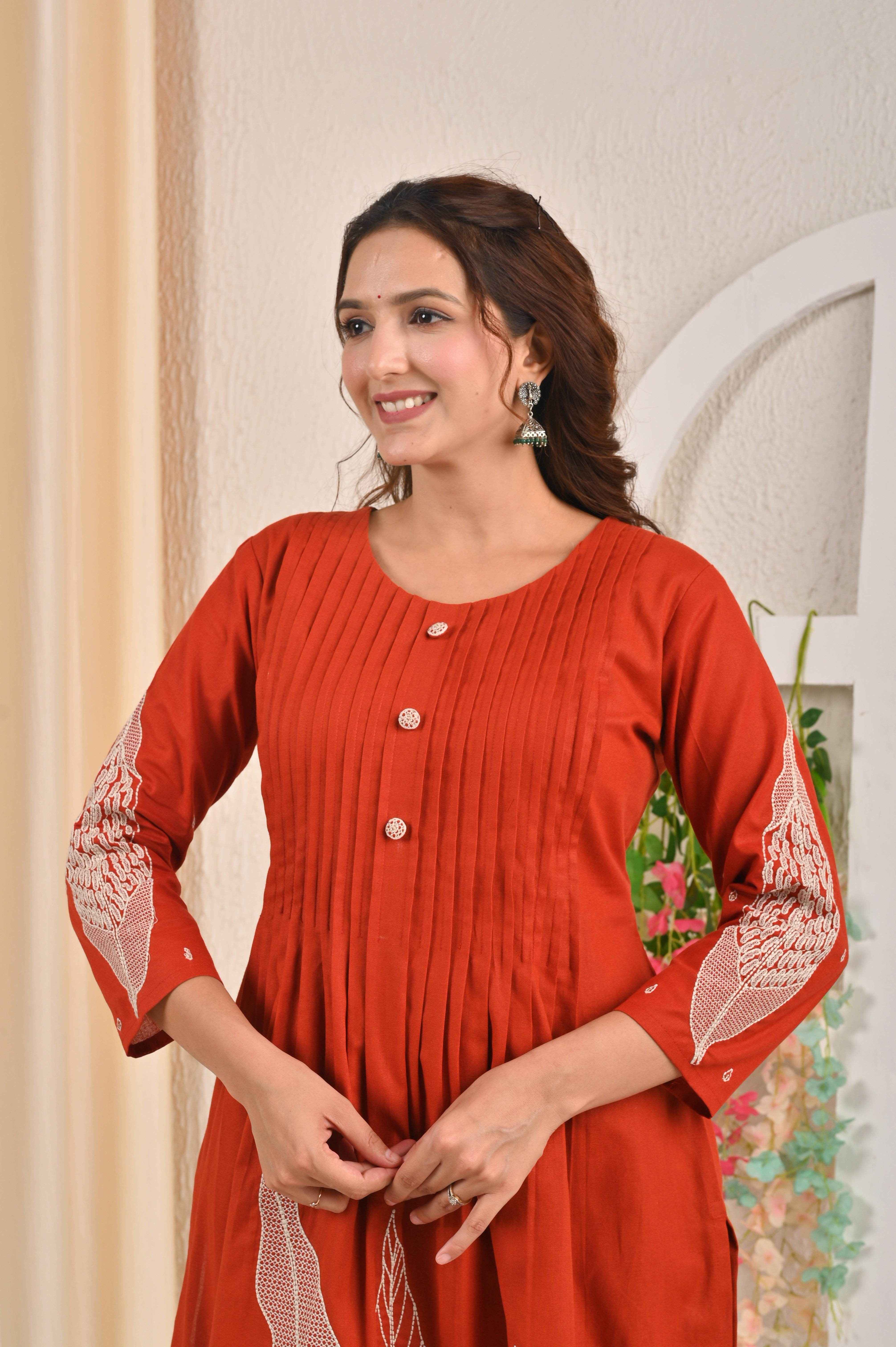 BELVEERA Rust Cotton Women’s leaf Embroidered Kurta Set