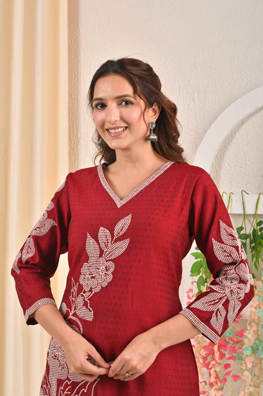 Elegant red floral embroidery kurta for women with a stylish neckline and intricate designs