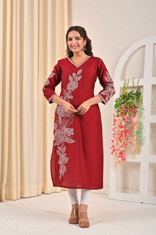 Belveera Red Floral Embroidery Kurta for Women with Detailed Floral Design and Comfortable Fit