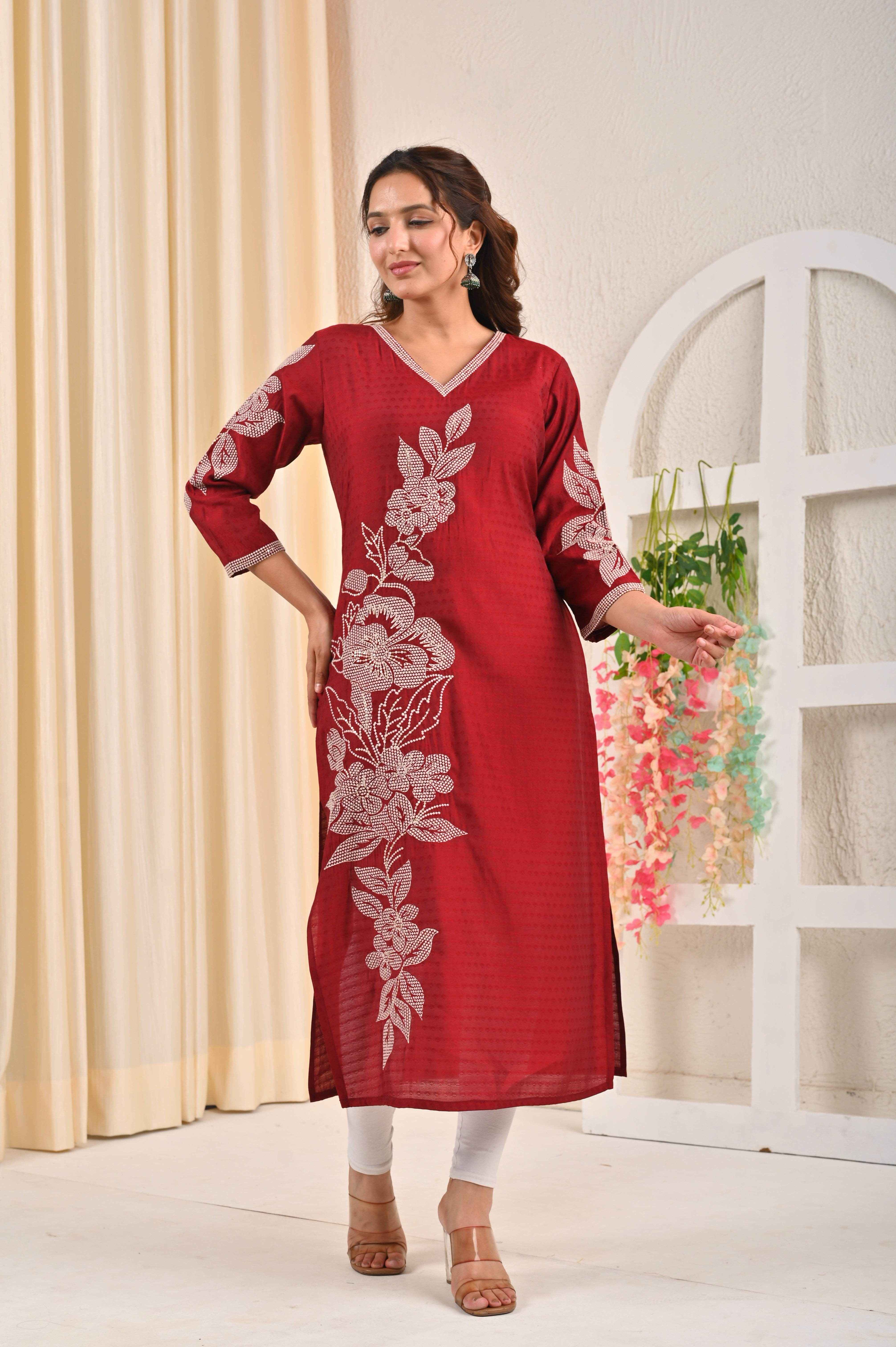 Elegant red floral embroidery kurta for women with detailed floral design and comfortable fit